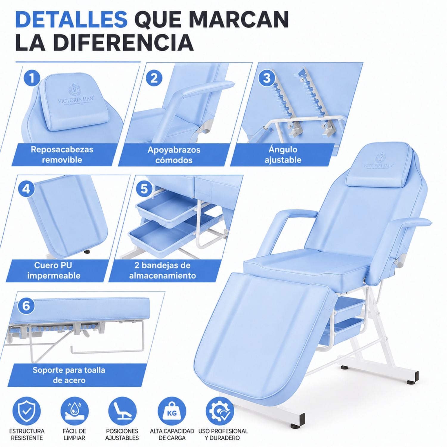 CAMILLA ESTÉTICA RECLINABLE PROFESIONAL CON BANCO PARA SPA, TATUAJES, FACIAL Y MASAJE AZUL - 2