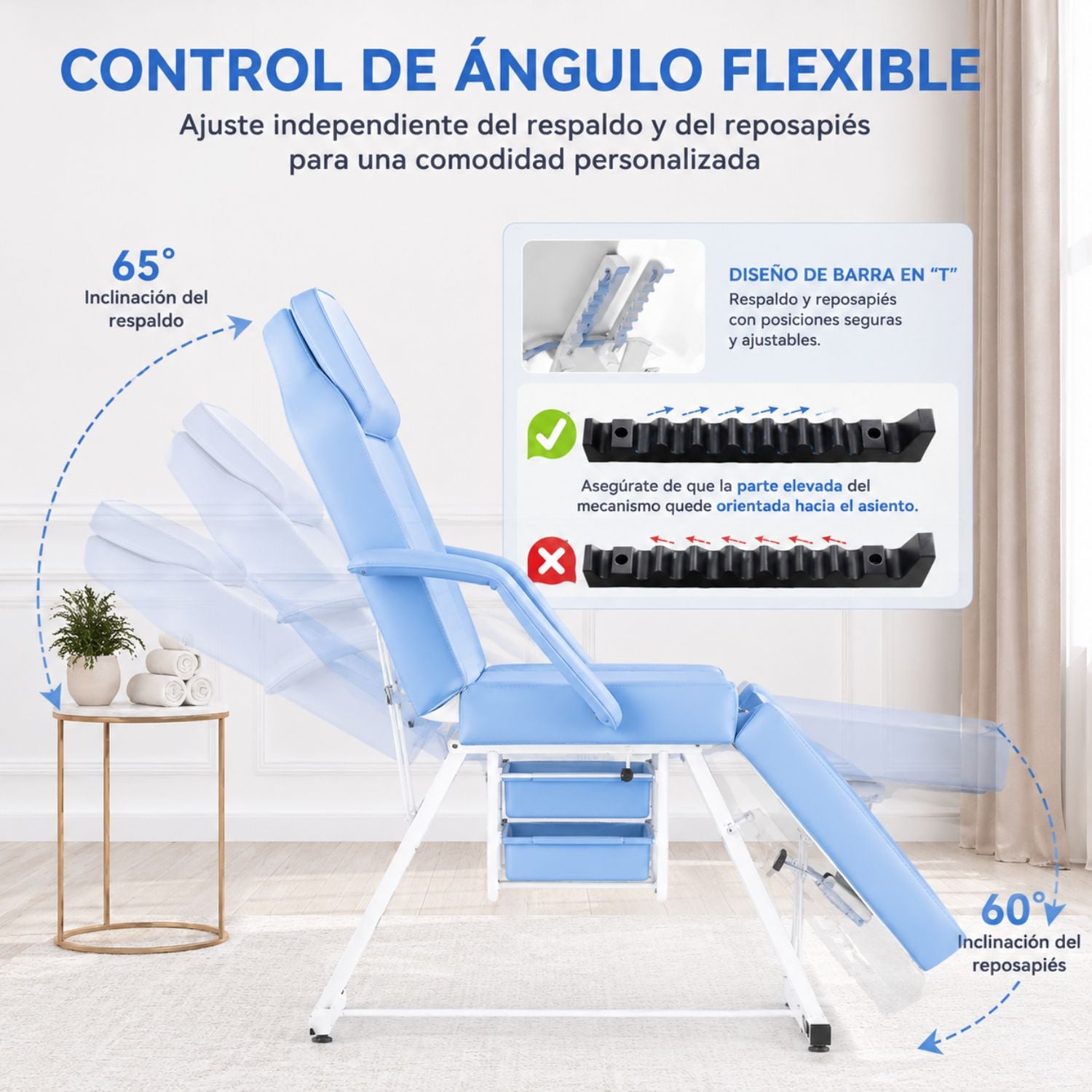CAMILLA ESTÉTICA RECLINABLE PROFESIONAL CON BANCO PARA SPA, TATUAJES, FACIAL Y MASAJE AZUL - 3