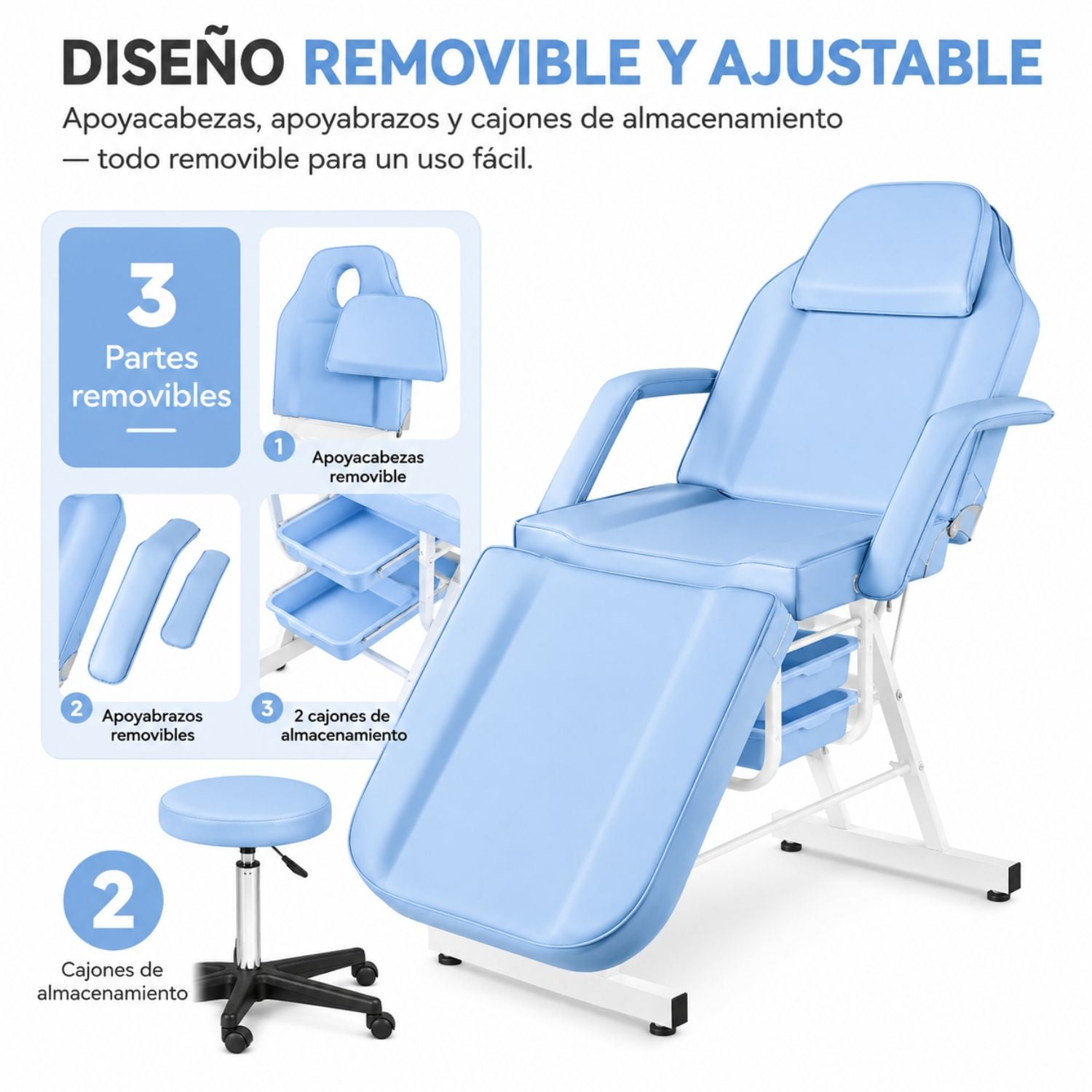 CAMILLA ESTÉTICA RECLINABLE PROFESIONAL CON BANCO PARA SPA, TATUAJES, FACIAL Y MASAJE AZUL - 4