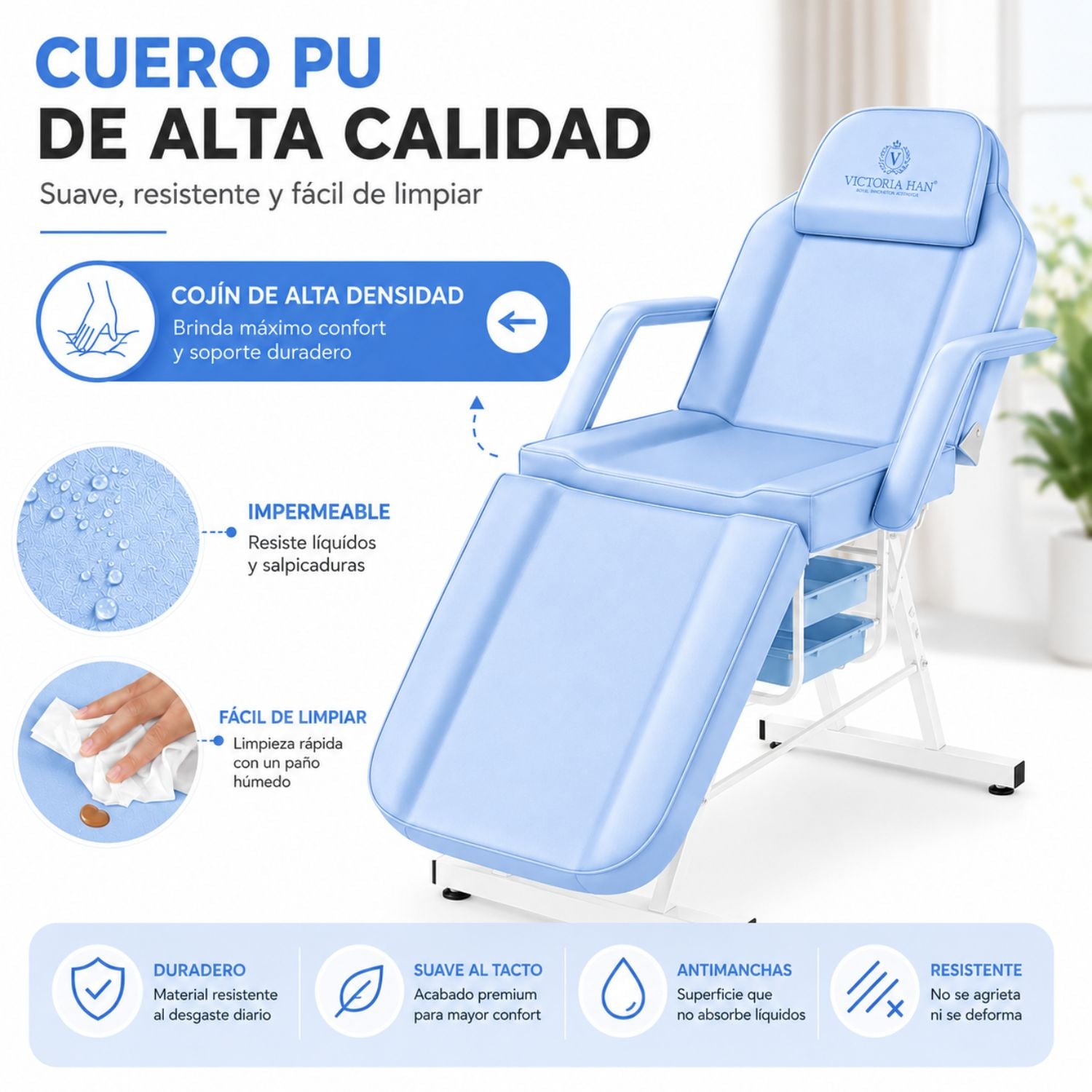 CAMILLA ESTÉTICA RECLINABLE PROFESIONAL CON BANCO PARA SPA, TATUAJES, FACIAL Y MASAJE AZUL - 5