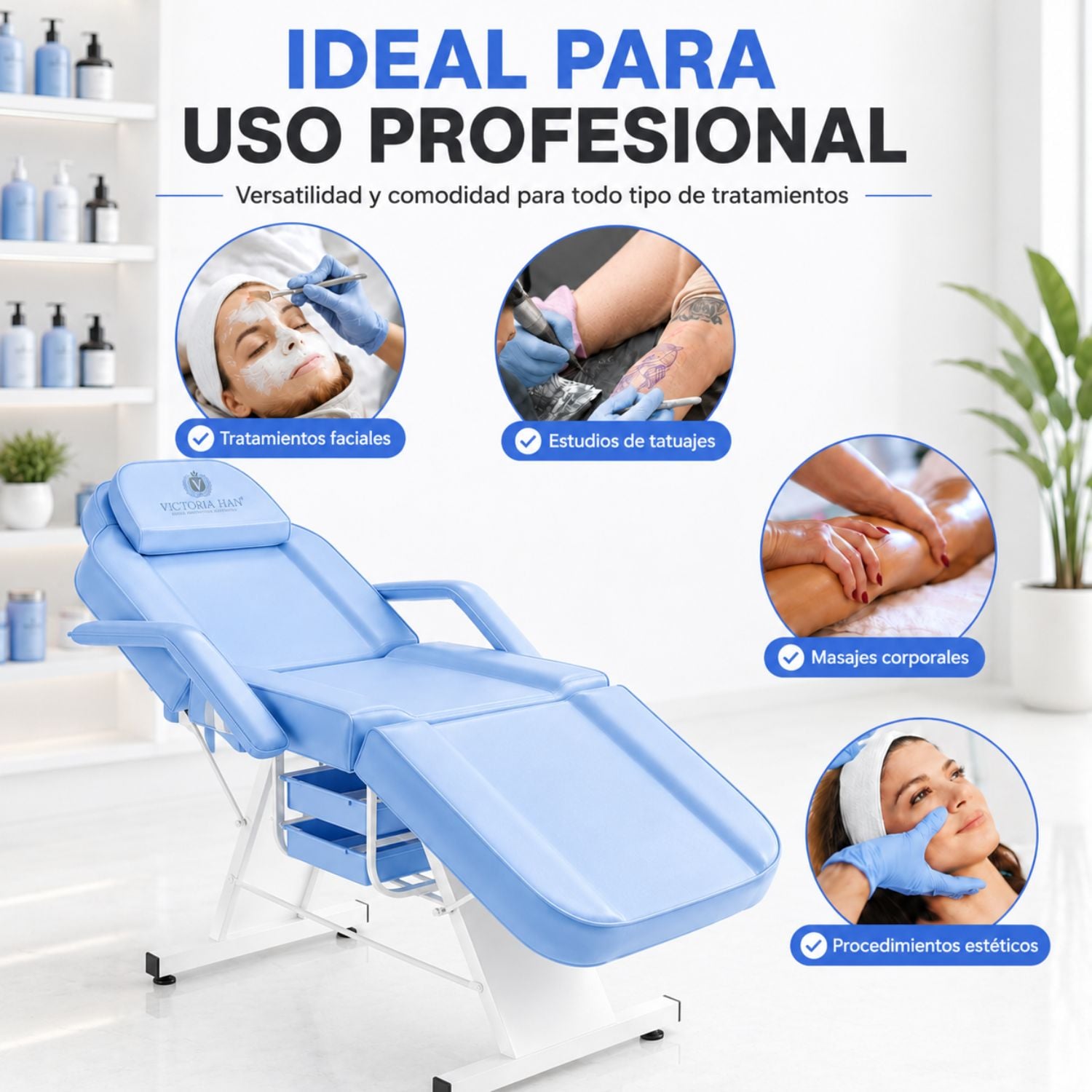 CAMILLA ESTÉTICA RECLINABLE PROFESIONAL CON BANCO PARA SPA, TATUAJES, FACIAL Y MASAJE AZUL - 6