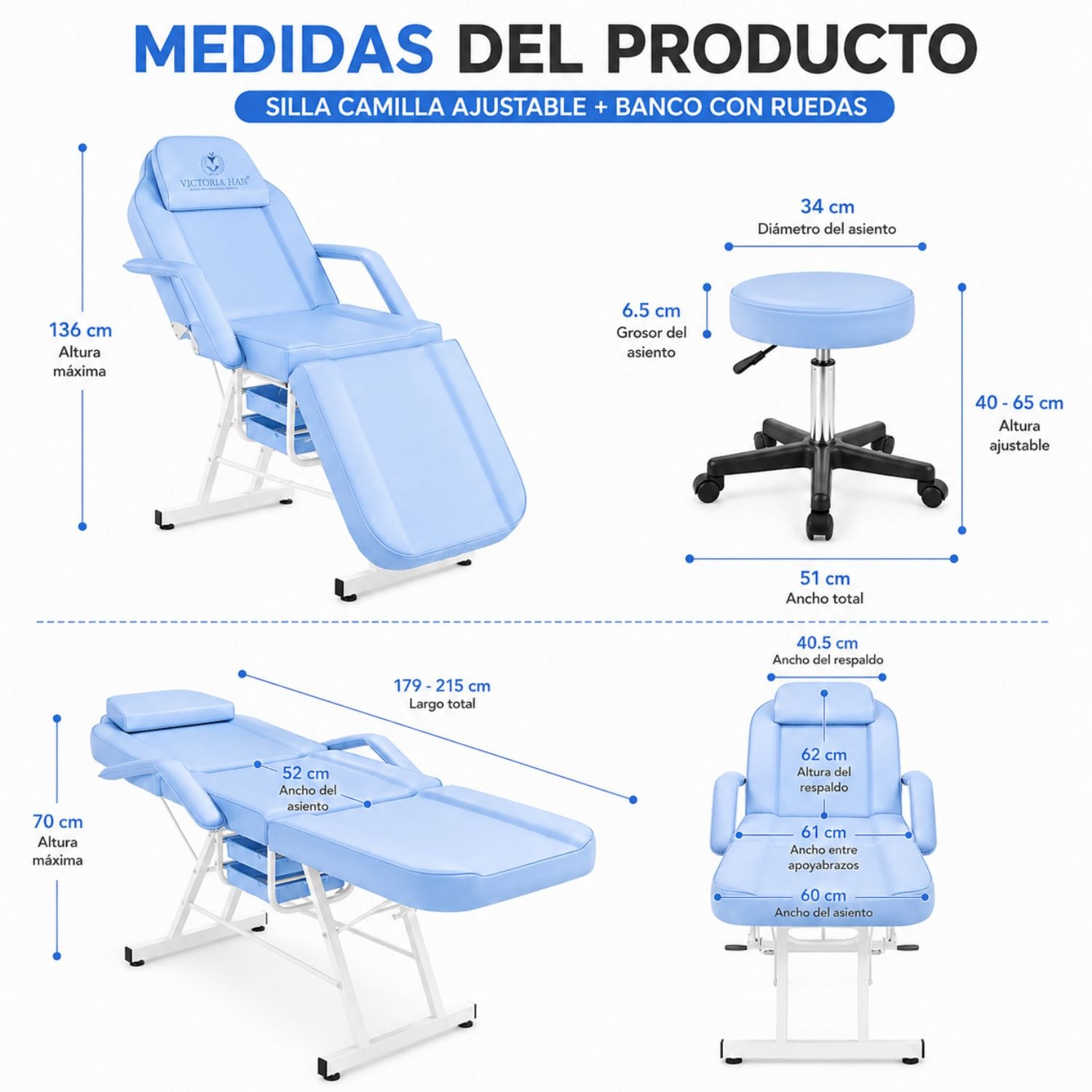 CAMILLA ESTÉTICA RECLINABLE PROFESIONAL CON BANCO PARA SPA, TATUAJES, FACIAL Y MASAJE AZUL - 7