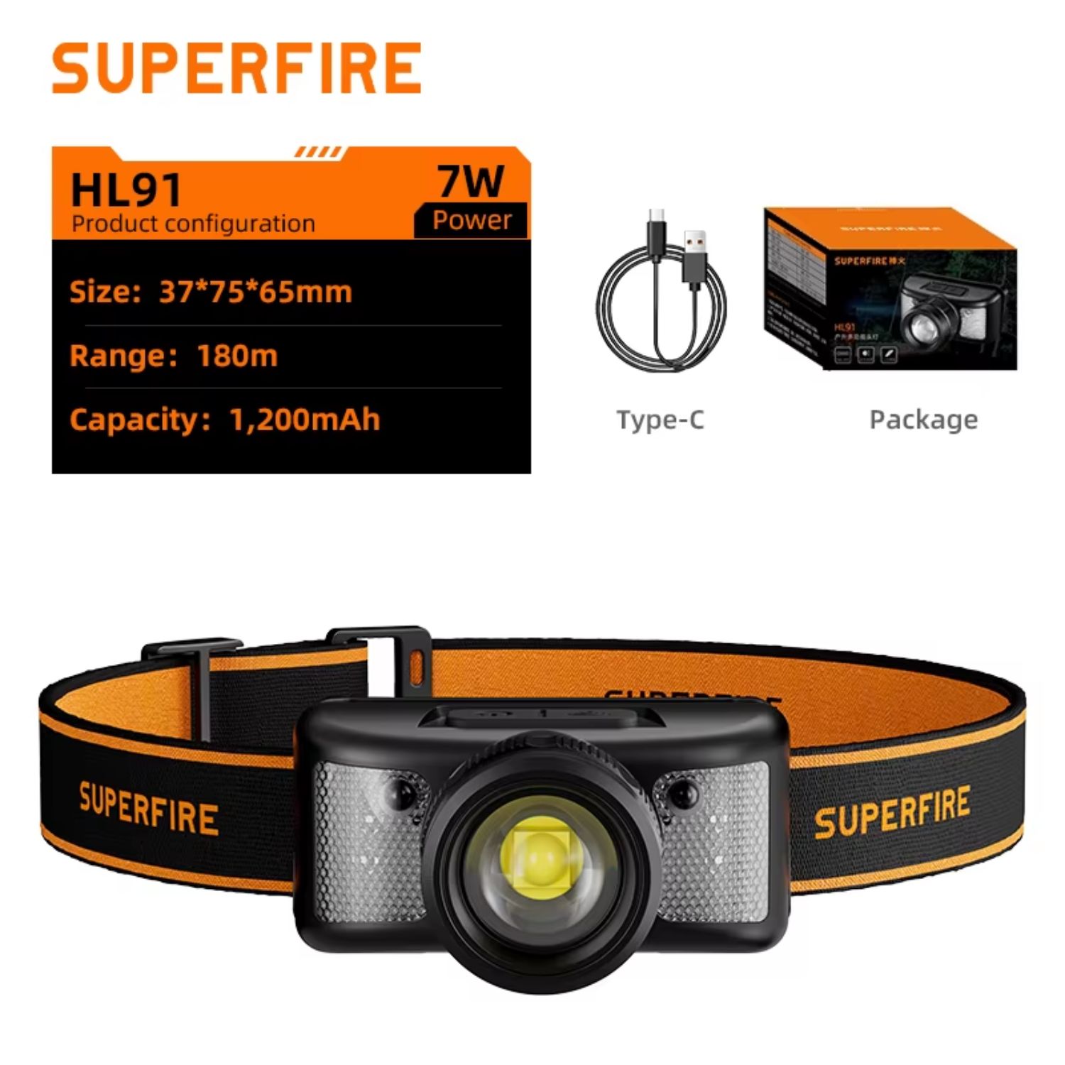 LINTERNA DE CABEZA HL91 SUPERFIRE RECARGABLE SENSOR Y ZOOM - 1