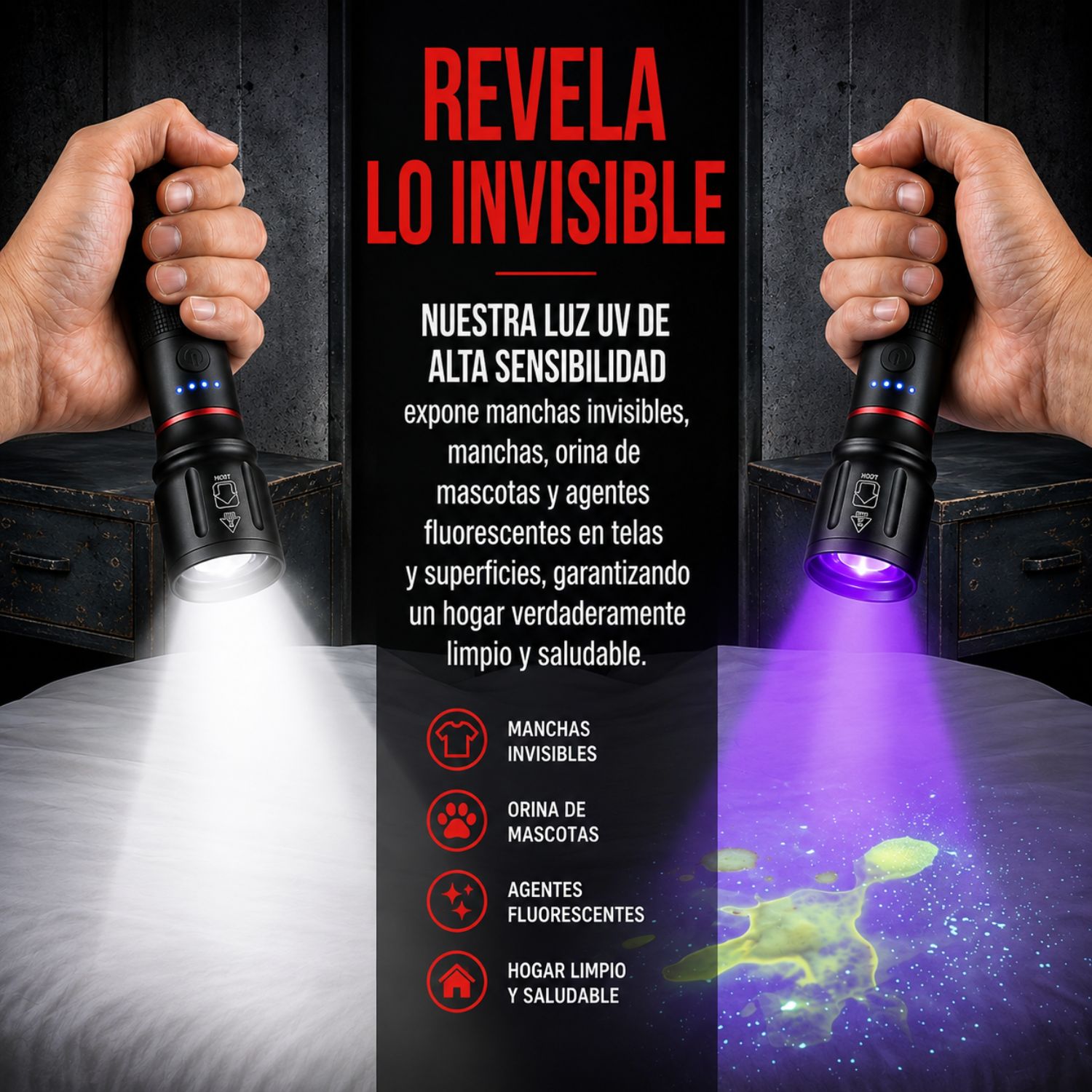 LINTERNA UV PROFESIONAL 365NM RECARGABLE 10W CON ZOOM PARA DETECTAR BILLETES MANCHAS Y FLUIDOS - 4