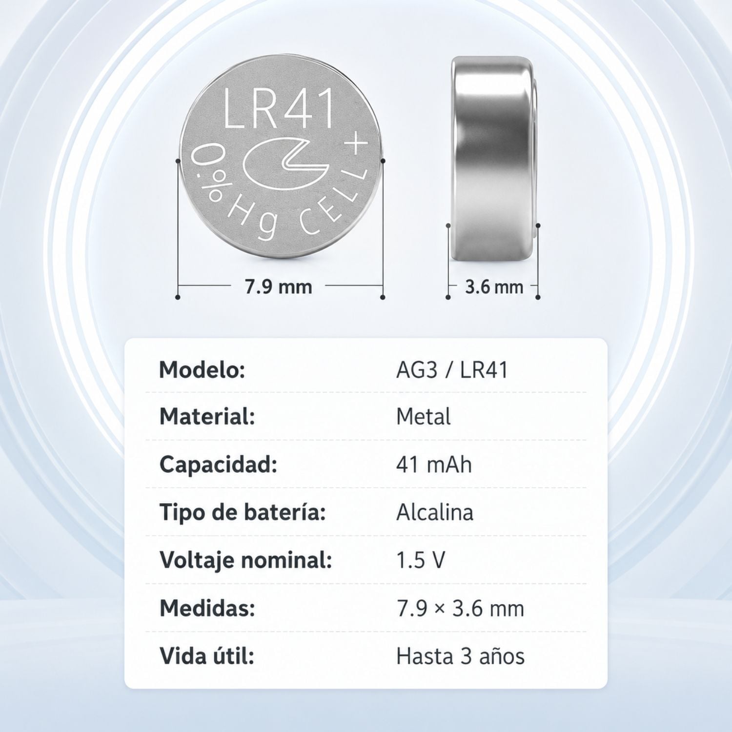 PILAS BOTÓN LR41 AG3 1.5V PACK DE 10 PARA TERMÓMETRO RELOJ JUGUETES Y PUNTERO LÁSER - 2