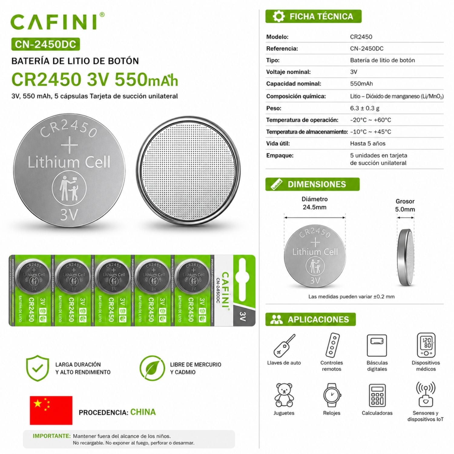 PACK 5 PILAS CR2450 3V DE LITIO ALTA DURACIÓN PARA CONTROLES REMOTOS, CALCULADORAS, SENSORES Y DISPOSITIVOS - 3