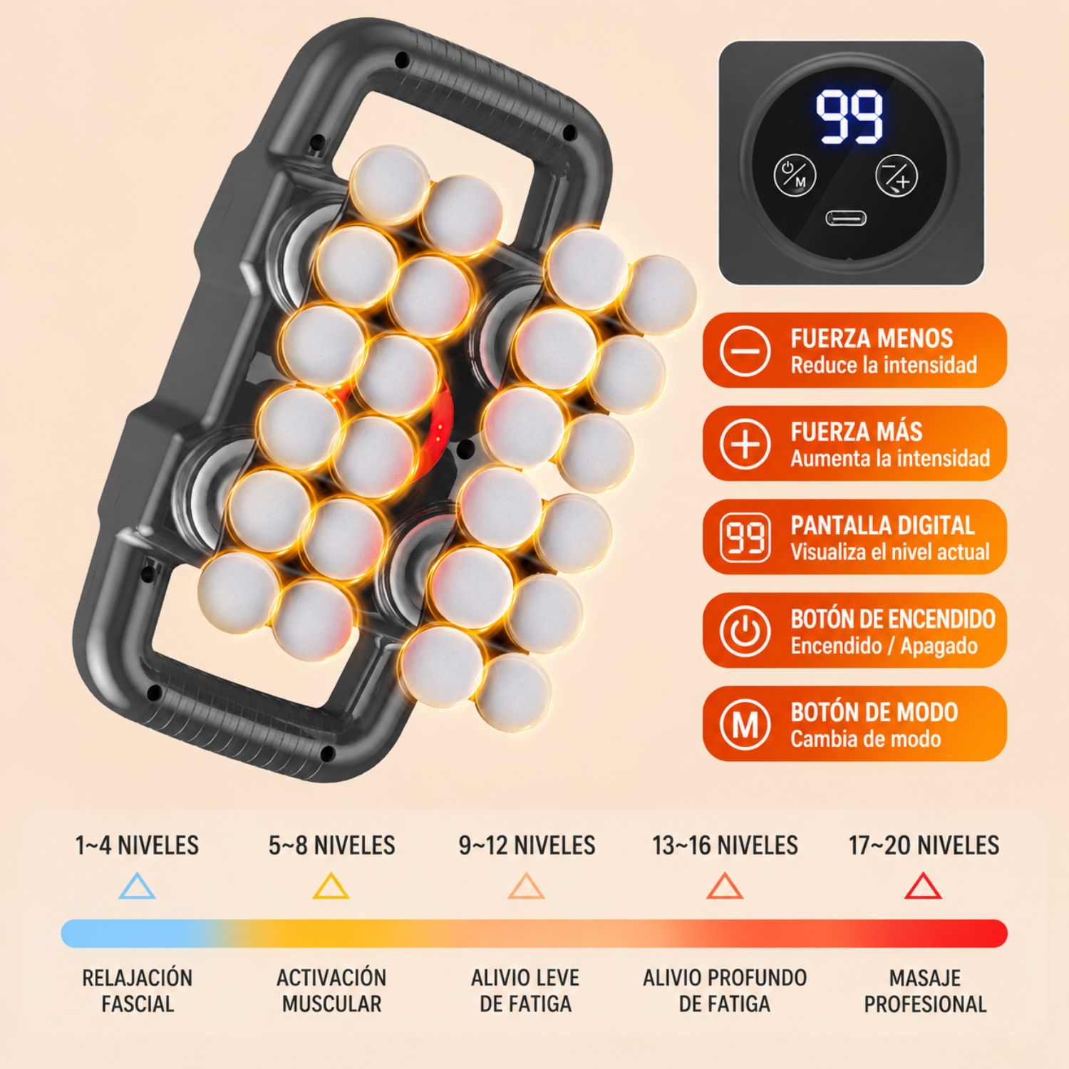 MASAJEADOR CORPORAL ELÉCTRICO RECARGABLE CON 24 CABEZALES, 20 INTENSIDADES Y PANTALLA DIGITAL VICTORIA HAN - 8