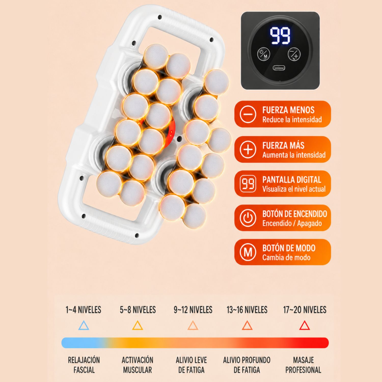 MASAJEADOR CORPORAL ELÉCTRICO RECARGABLE CON 24 CABEZALES, 20 INTENSIDADES Y PANTALLA DIGITAL VICTORIA HAN - 8