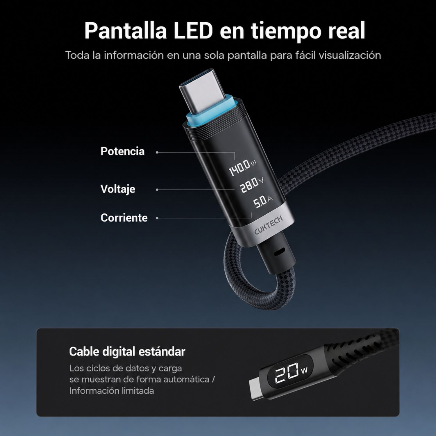 CABLE USB-C A USB-C CUKTECH 240W PD 3.1 6A CON PANTALLA OLED 2 METROS - 3