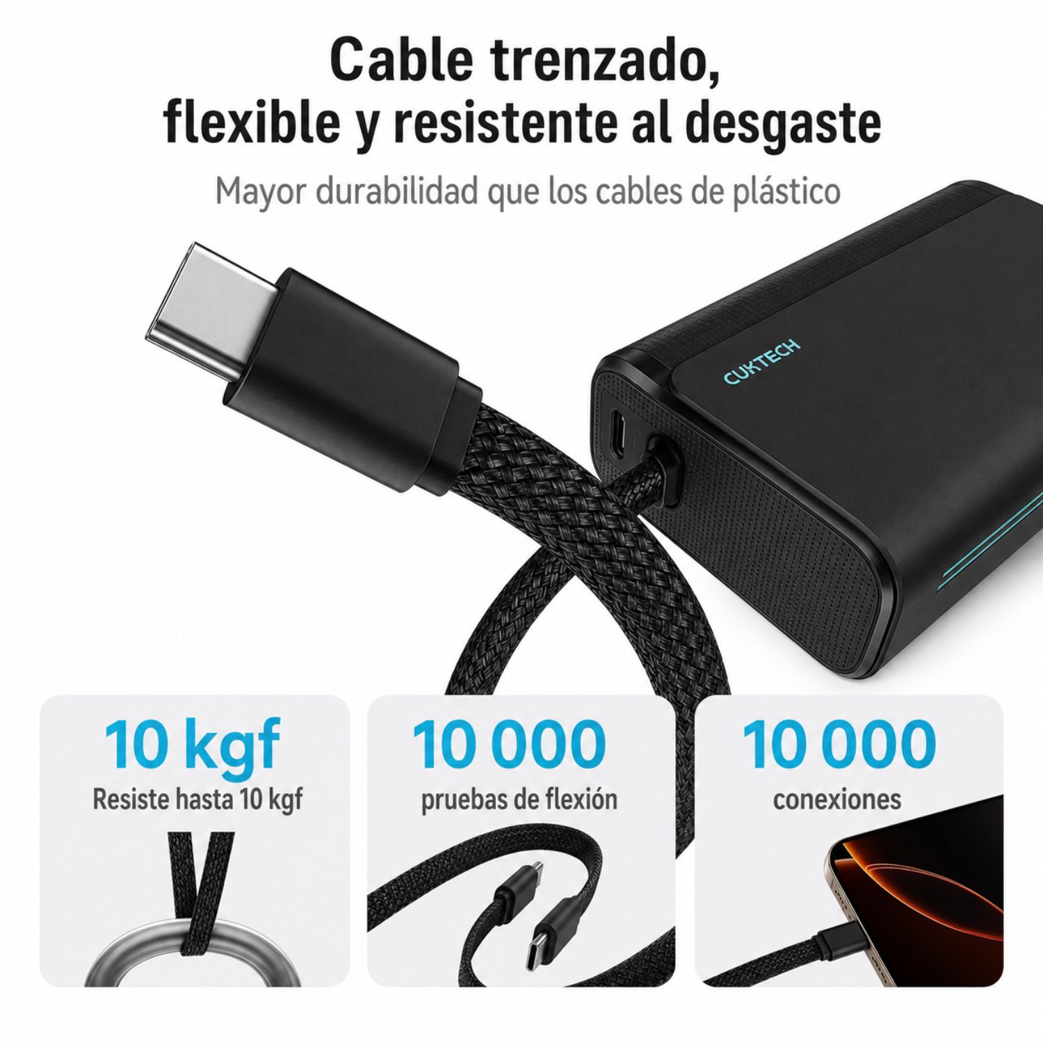 POWER BANK 10000MAH 33W CARGA RÁPIDA CON CABLE USB-C INTEGRADO Y PUERTO USB-A CUKTECH NEGRO - 5