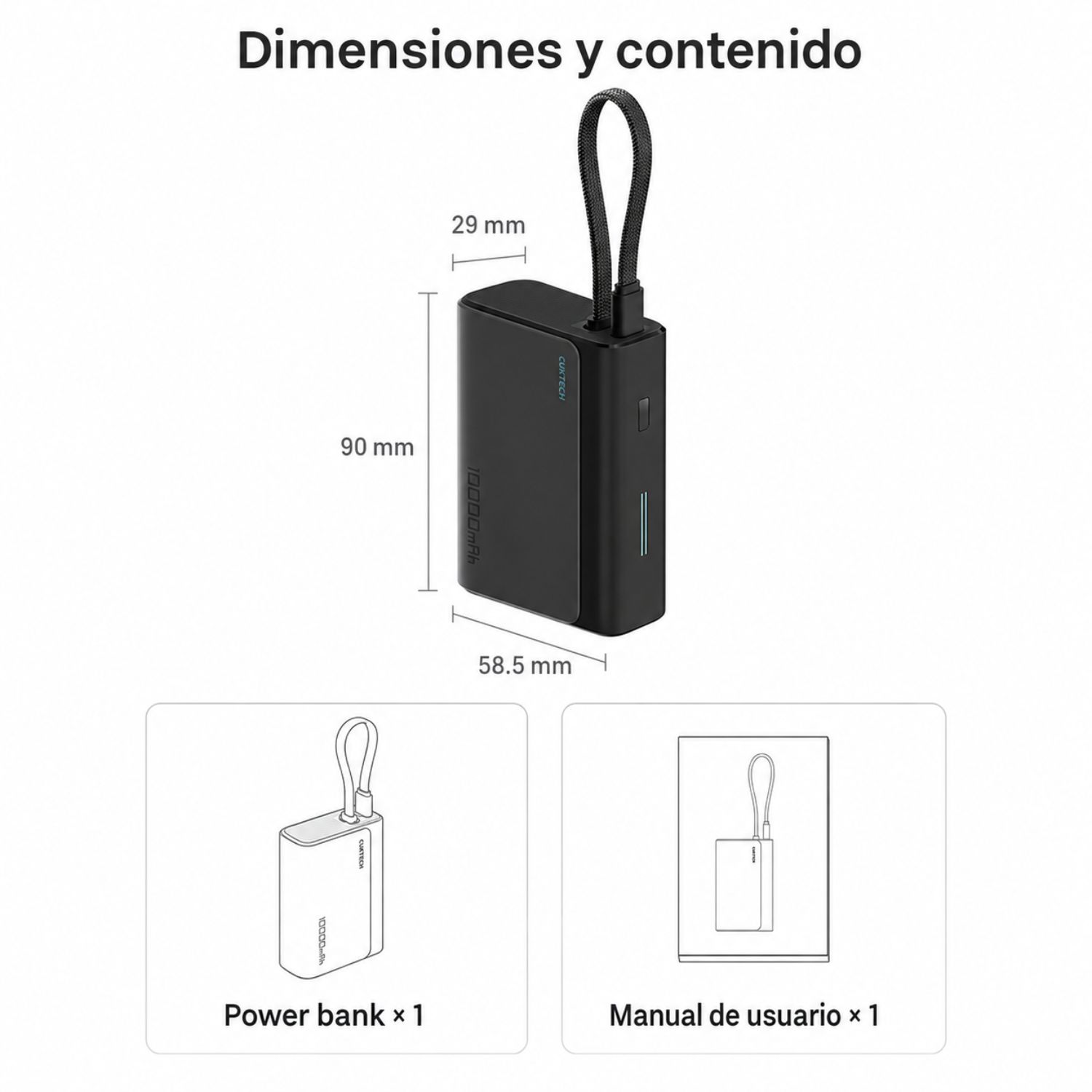 POWER BANK 10000MAH 33W CARGA RÁPIDA CON CABLE USB-C INTEGRADO Y PUERTO USB-A CUKTECH NEGRO - 8