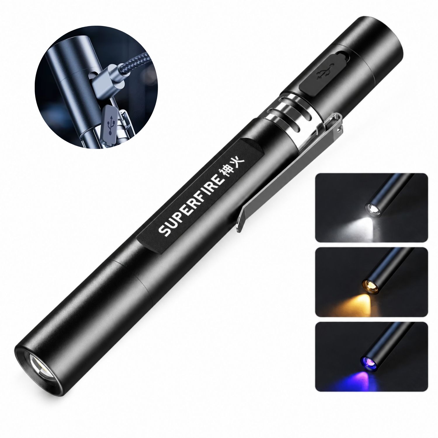 LINTERNA CLÍNICA LED DE 3 COLORES CON LUZ BLANCA 6500K CÁLIDA 3200K Y ULTRAVIOLETA 395NM - 1