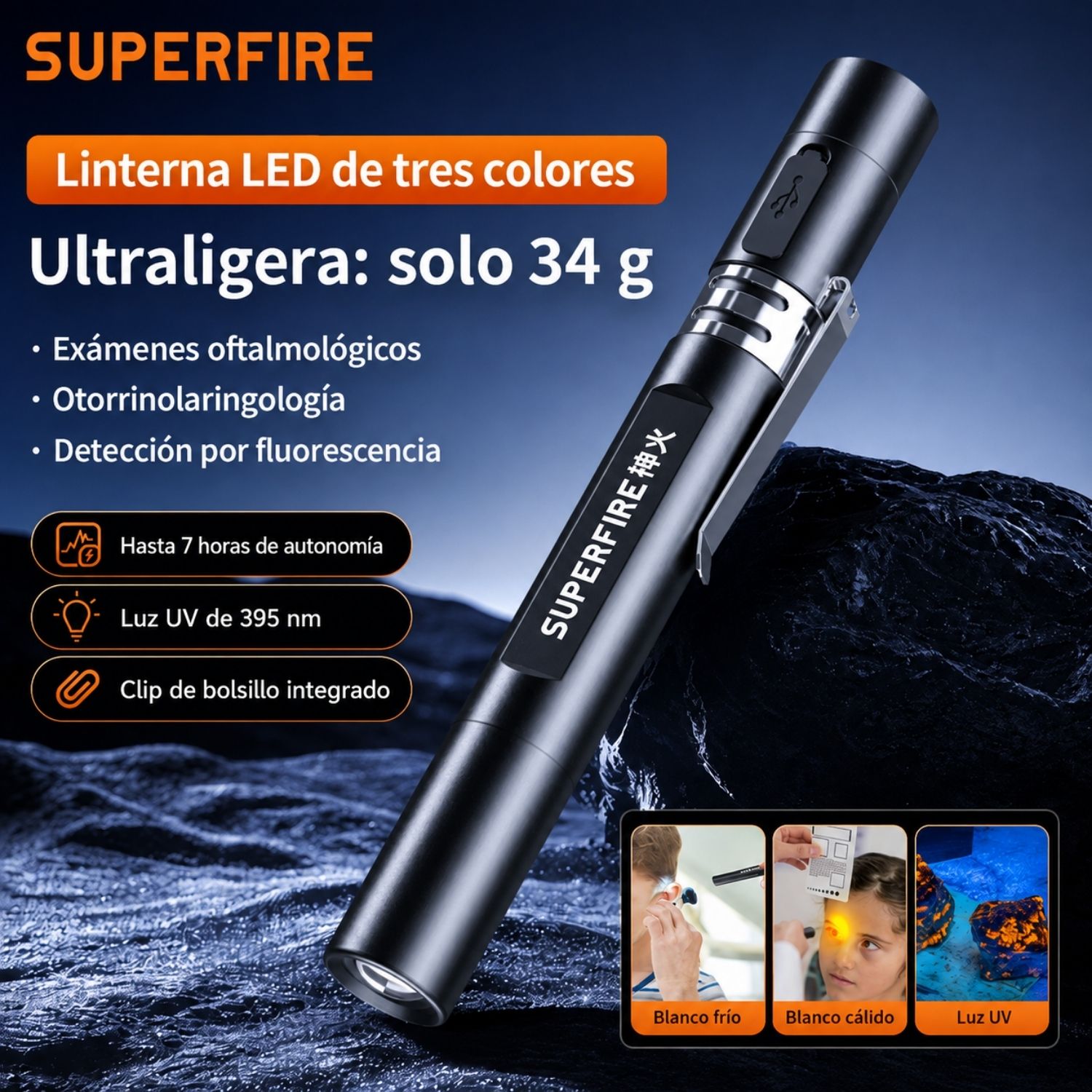LINTERNA CLÍNICA LED DE 3 COLORES CON LUZ BLANCA 6500K CÁLIDA 3200K Y ULTRAVIOLETA 395NM - 2