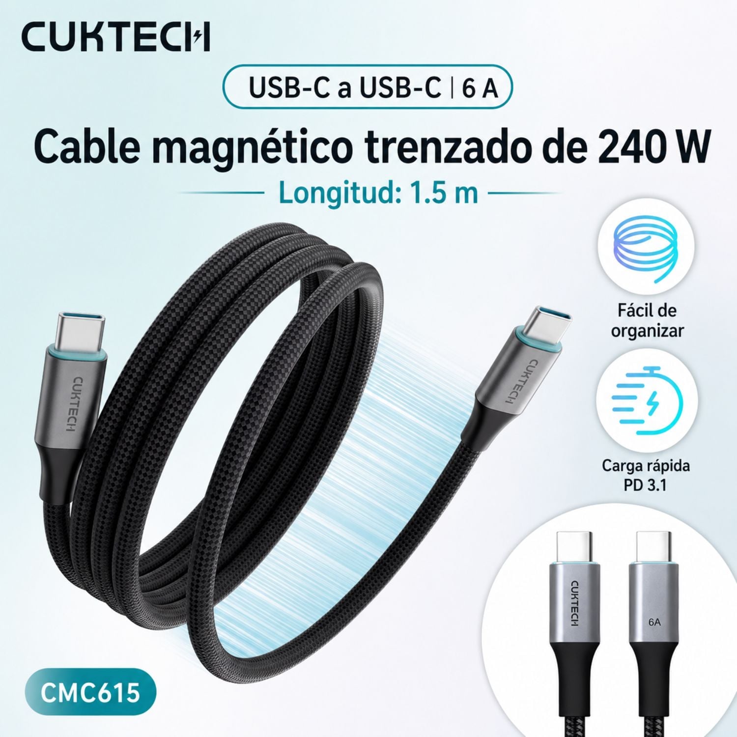 CABLE USB-C A USB-C CUKTECH 240W CARGA RÁPIDA PD 3.1 MAGNÉTICO 1.5 M PARA LAPTOP Y CELULAR - 2