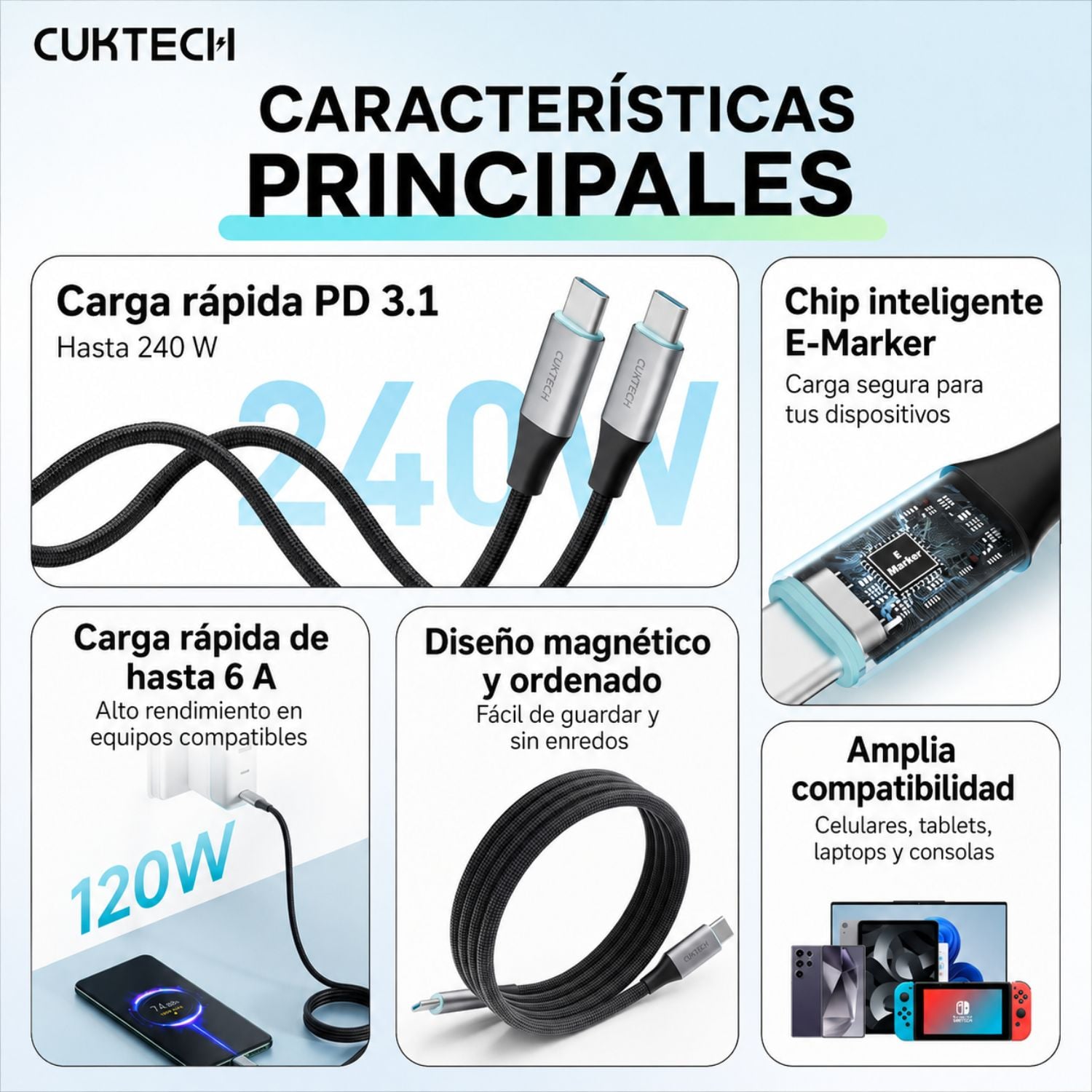 CABLE USB-C A USB-C CUKTECH 240W CARGA RÁPIDA PD 3.1 MAGNÉTICO 1.5 M PARA LAPTOP Y CELULAR - 3