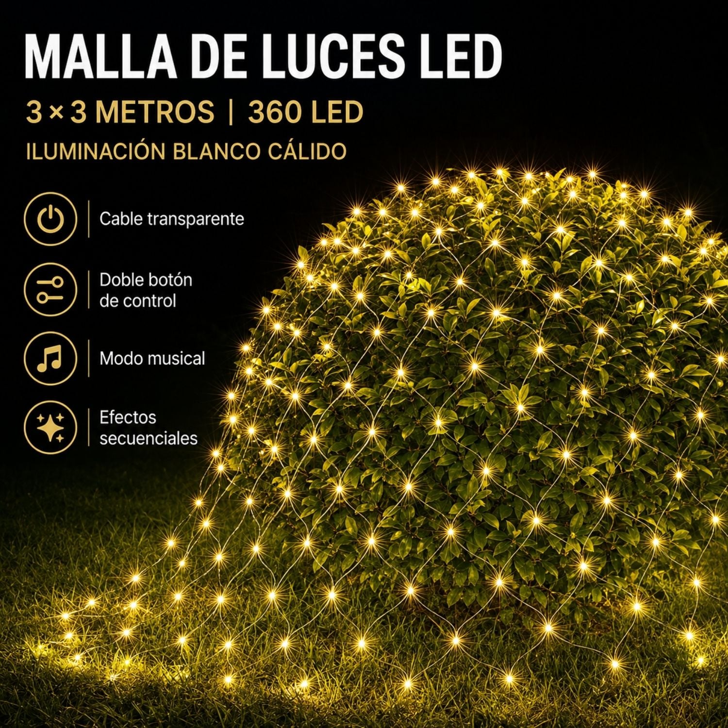 CORTINA MALLA DE LUCES LED 3X3M 360 LUCES CÁLIDAS CON 3 MODOS Y FUNCIÓN MUSICAL - 3
