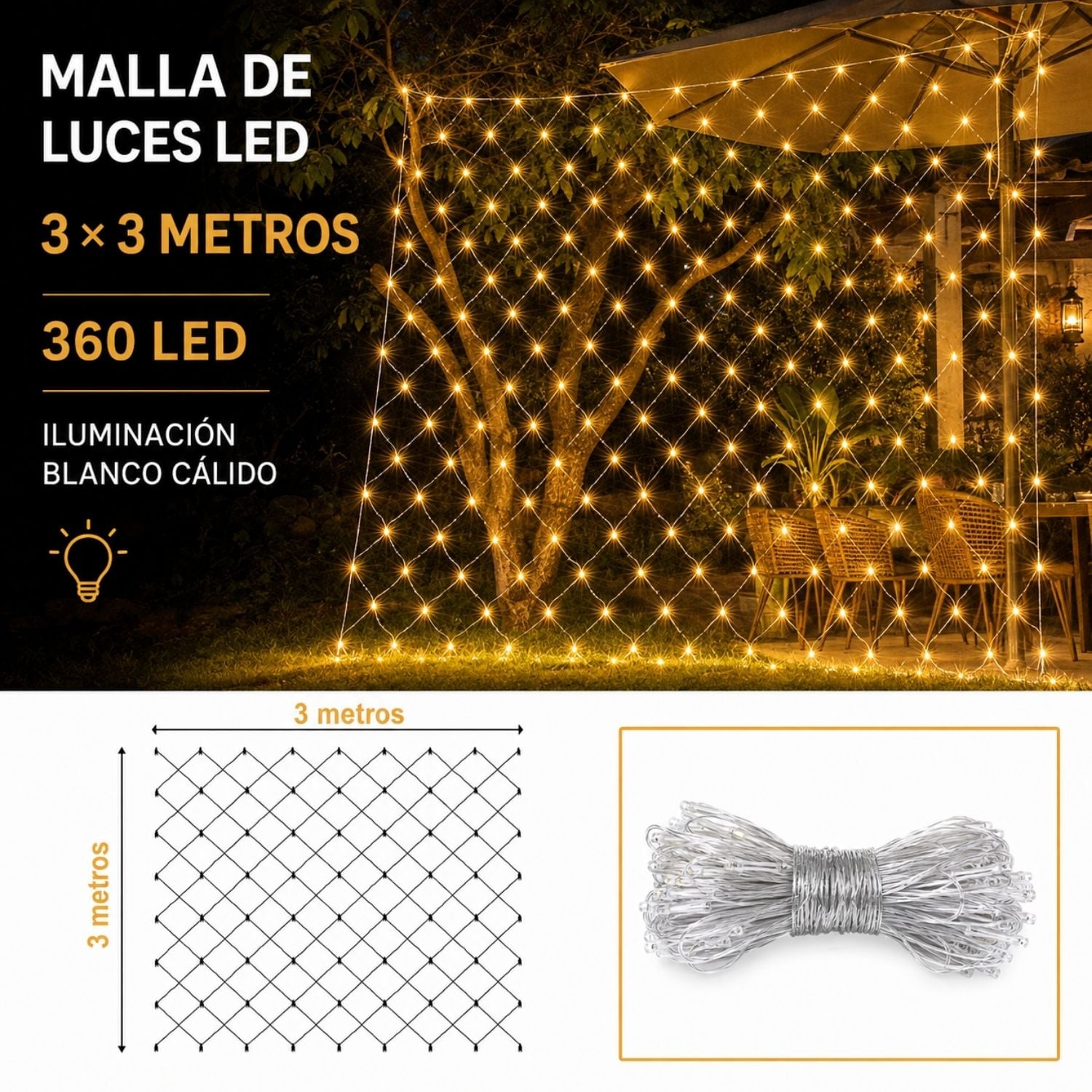 CORTINA MALLA DE LUCES LED 3X3M 360 LUCES CÁLIDAS CON 3 MODOS Y FUNCIÓN MUSICAL - 4