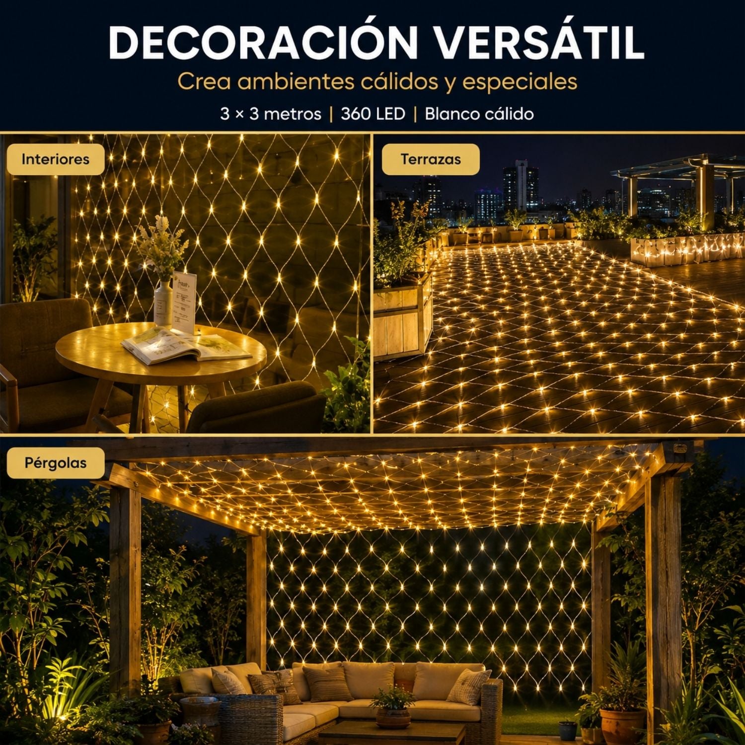 CORTINA MALLA DE LUCES LED 3X3M 360 LUCES CÁLIDAS CON 3 MODOS Y FUNCIÓN MUSICAL - 7