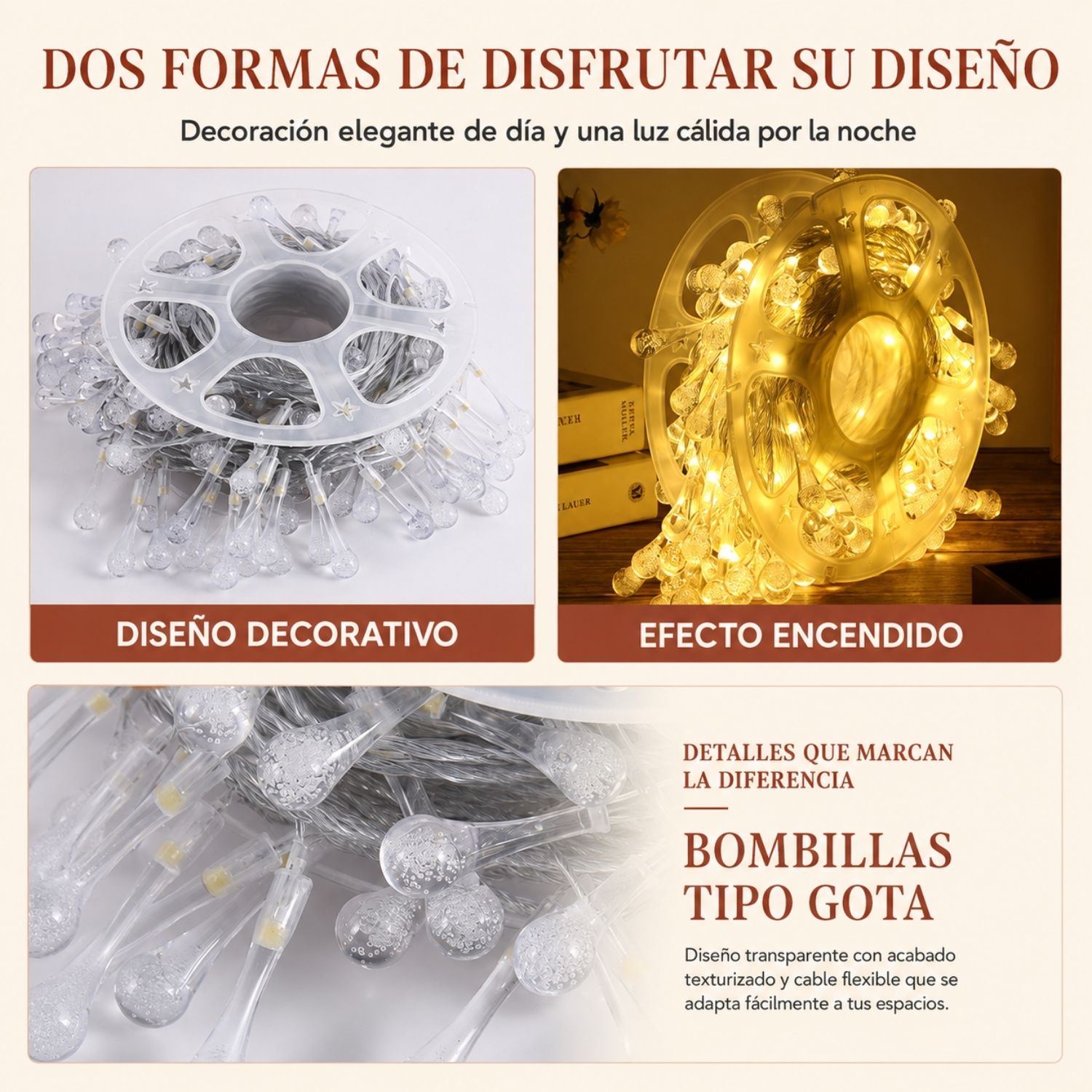 GUIRNALDA LED TIPO GOTA DE AGUA 50 METROS LUZ BLANCO CÁLIDO CON 8 MODOS PARA NAVIDAD Y EVENTOS - 7