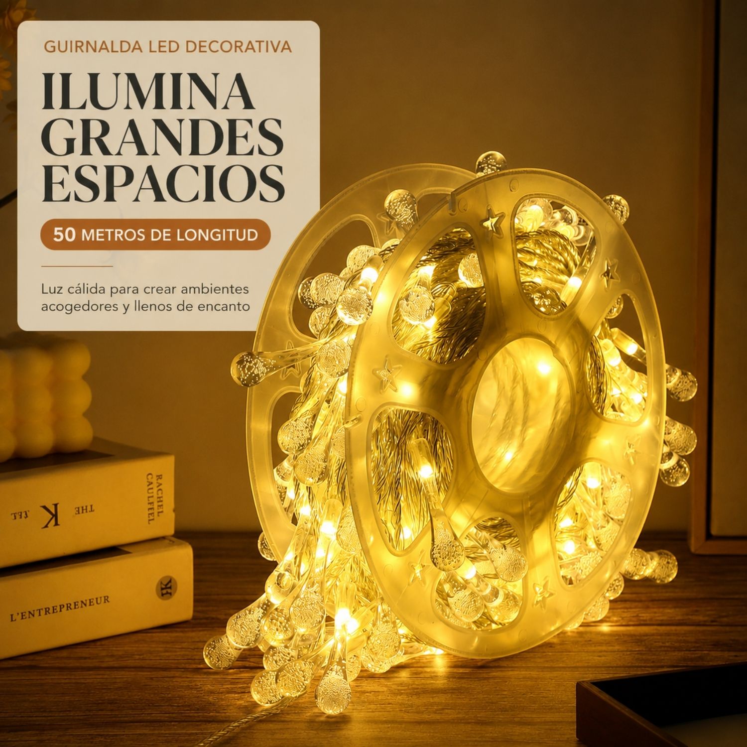 Luces Navideñas LED Tipo Gota 50 Metros Blanco Cálido con 8 Modos para Decoración de Espacios - 3