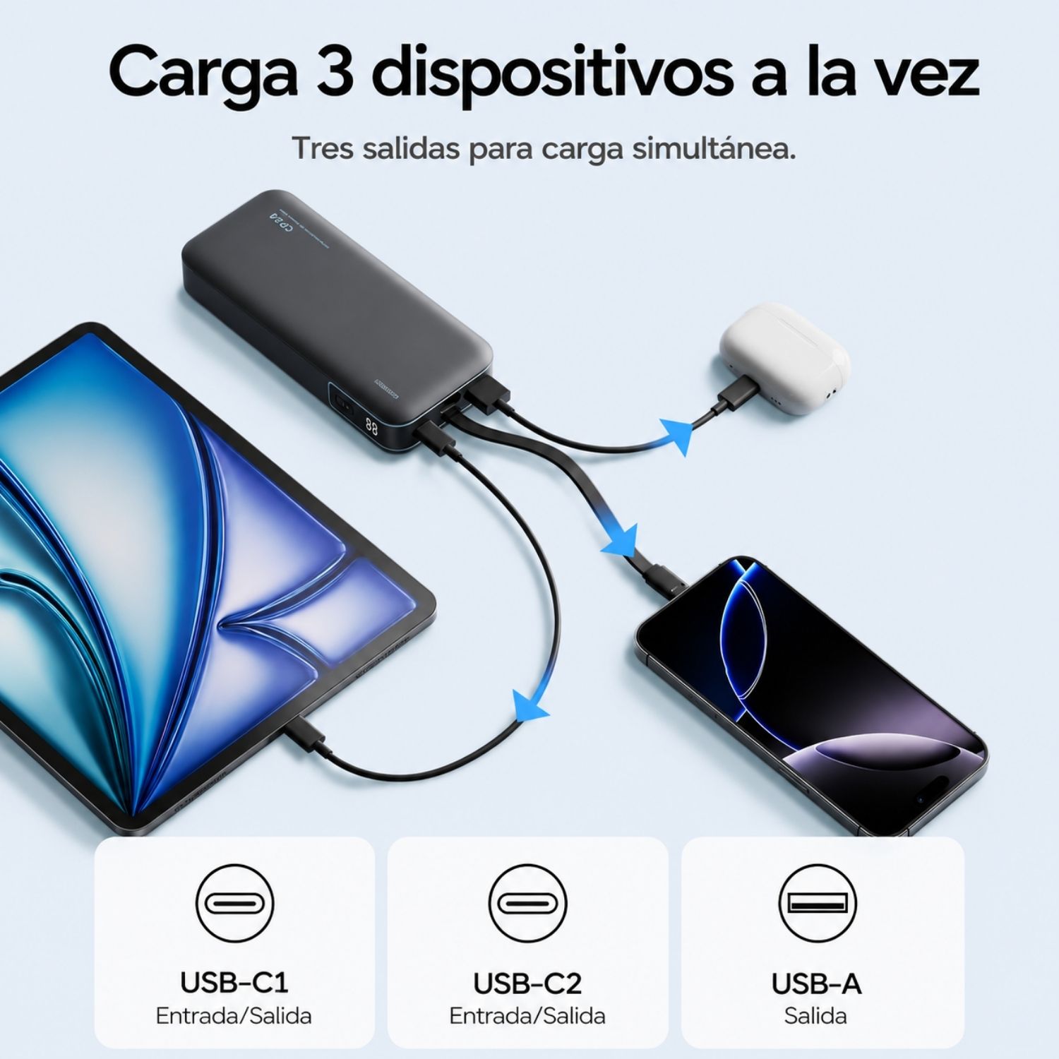 POWER BANK 20000MAH 40W USB-C CON CABLE INTEGRADO CARGA RÁPIDA Y PANTALLA DIGITAL - 6