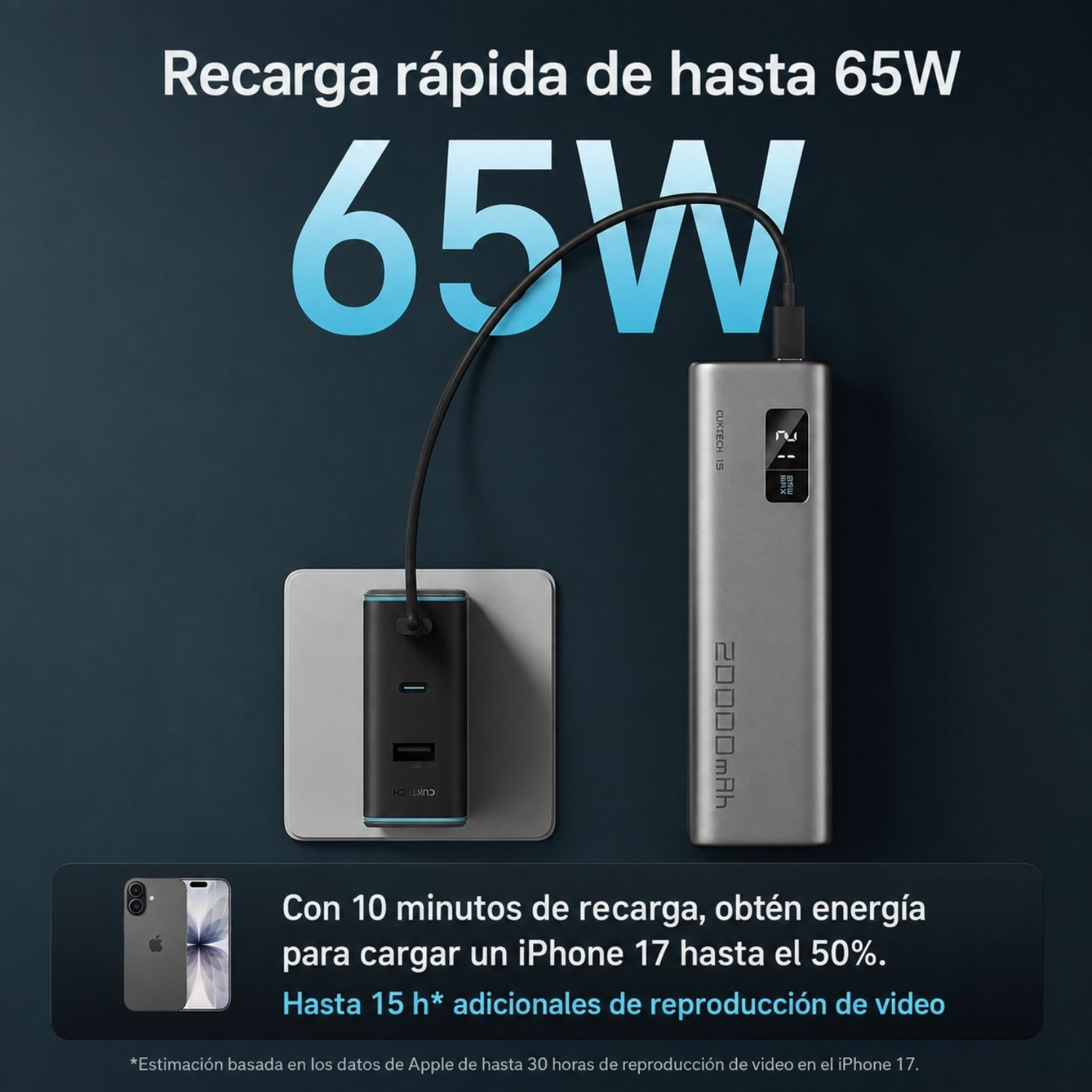 POWER BANK CUKTECH 15 SE PB200 20000MAH 85W PANTALLA LED CARGA RAPIDA - 7