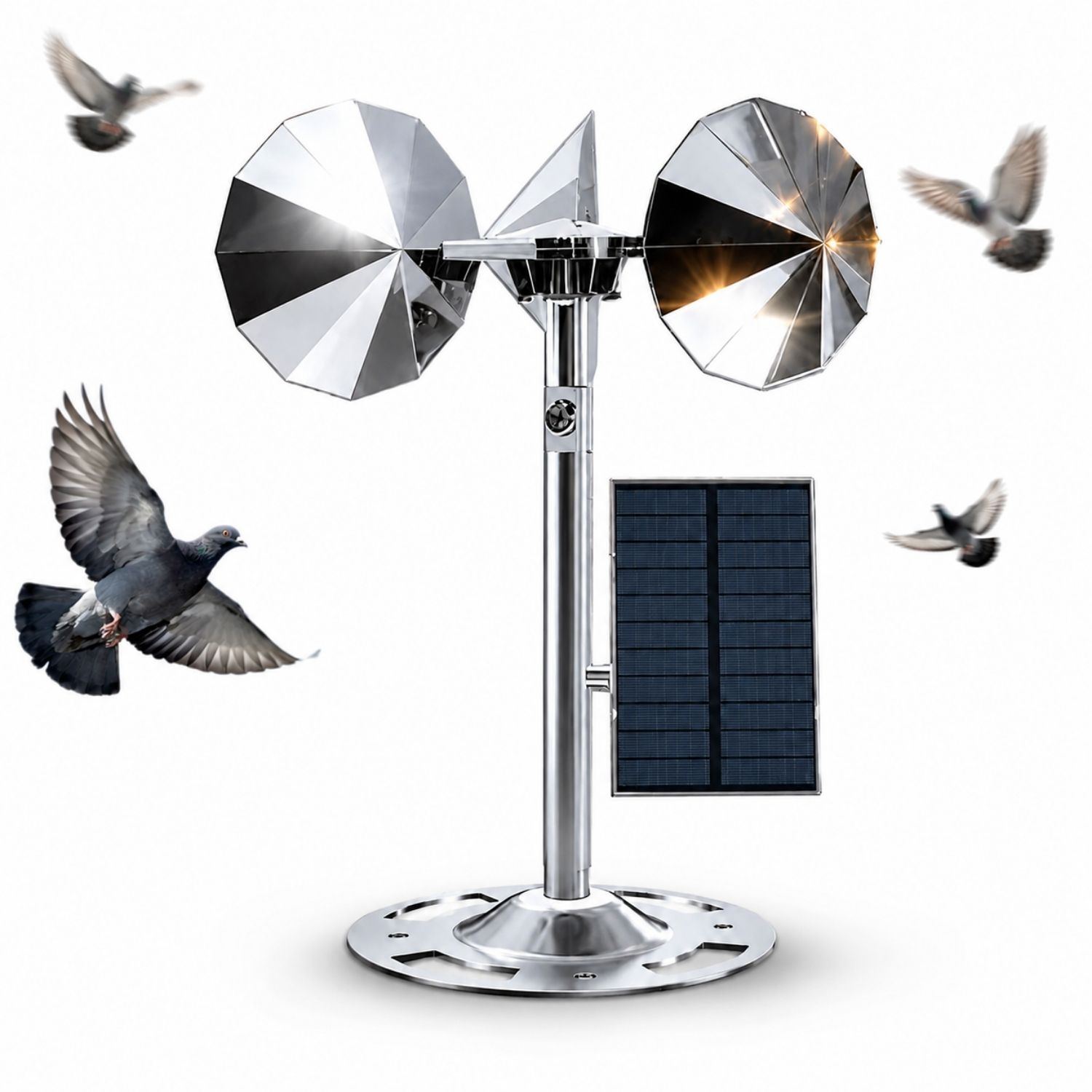 AHUYENTADOR DE PALOMAS Y GAVIOTAS SOLAR CON SISTEMA EÓLICO, PANEL AJUSTABLE Y REFLECTANTE GIRATORIO 360° - 1