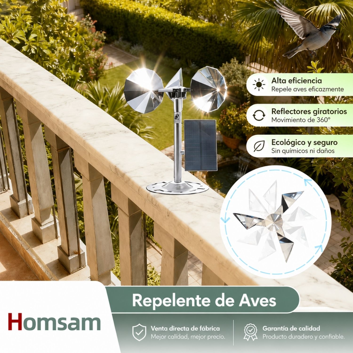 AHUYENTADOR DE PALOMAS Y GAVIOTAS SOLAR CON SISTEMA EÓLICO, PANEL AJUSTABLE Y REFLECTANTE GIRATORIO 360° - 2