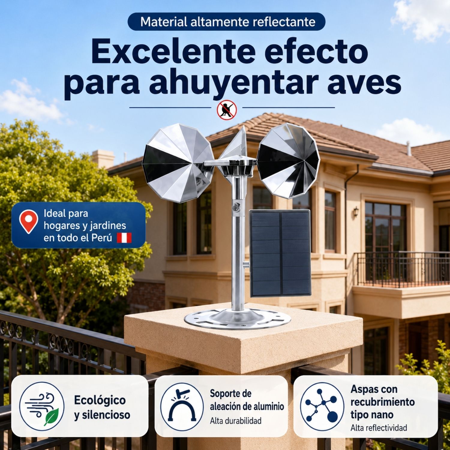 AHUYENTADOR DE PALOMAS Y GAVIOTAS SOLAR CON SISTEMA EÓLICO, PANEL AJUSTABLE Y REFLECTANTE GIRATORIO 360° - 3