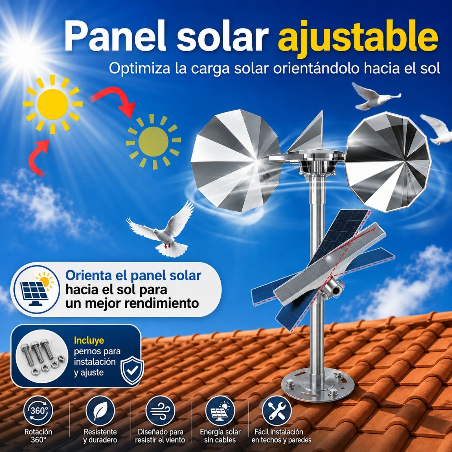 AHUYENTADOR DE PALOMAS Y GAVIOTAS SOLAR CON SISTEMA EÓLICO, PANEL AJUSTABLE Y REFLECTANTE GIRATORIO 360° - 4