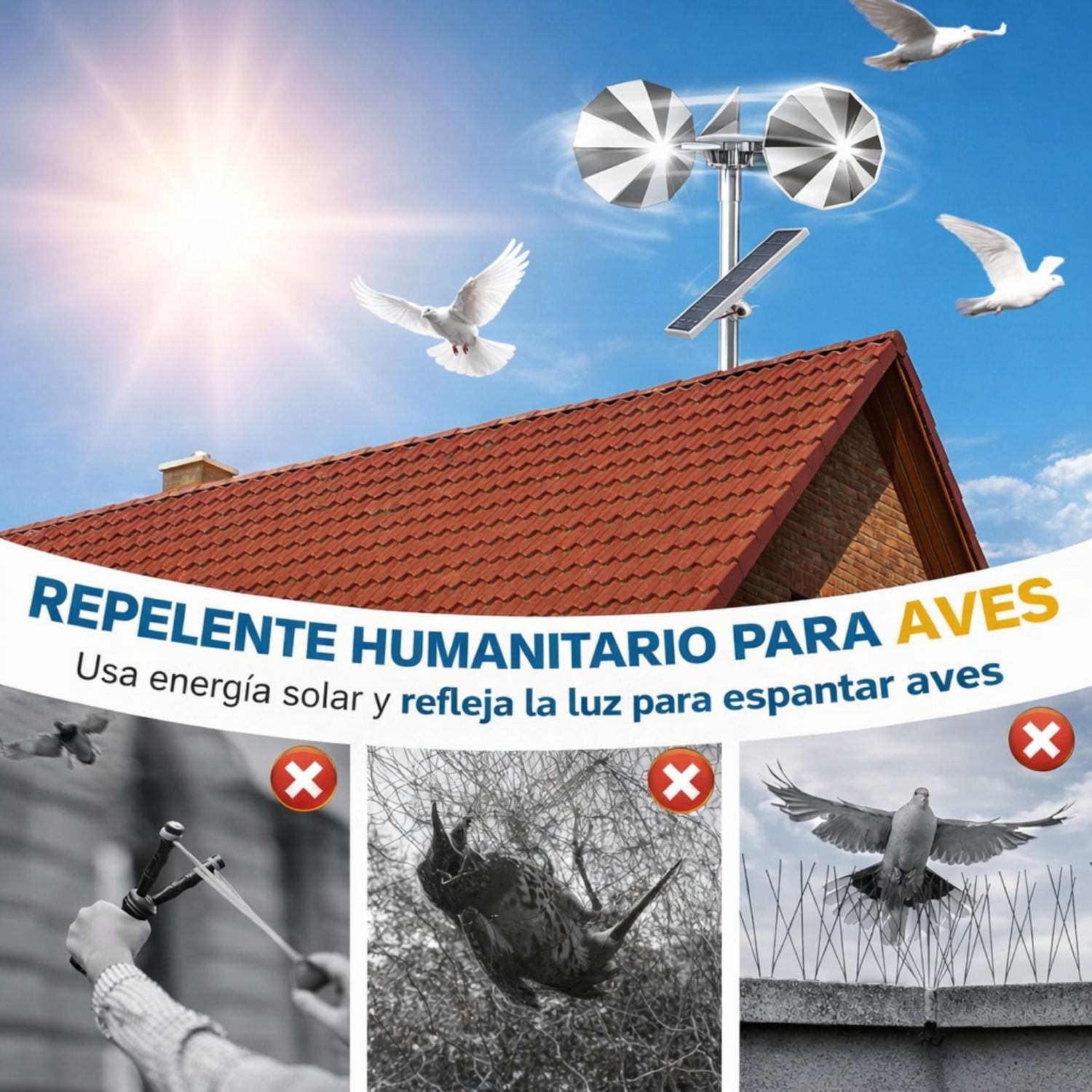 AHUYENTADOR DE PALOMAS Y GAVIOTAS SOLAR CON SISTEMA EÓLICO, PANEL AJUSTABLE Y REFLECTANTE GIRATORIO 360° - 6