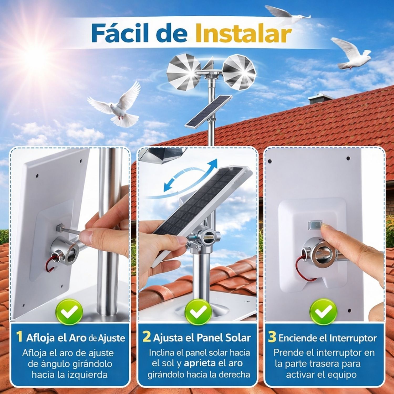 AHUYENTADOR DE PALOMAS Y GAVIOTAS SOLAR CON SISTEMA EÓLICO, PANEL AJUSTABLE Y REFLECTANTE GIRATORIO 360° - 7