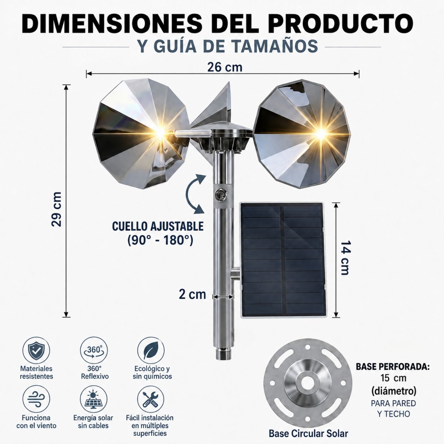 AHUYENTADOR DE PALOMAS Y GAVIOTAS SOLAR CON SISTEMA EÓLICO, PANEL AJUSTABLE Y REFLECTANTE GIRATORIO 360° - 8