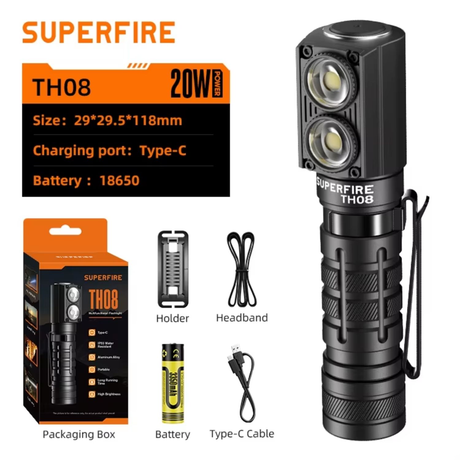 LINTERNA LED FRONTAL 3 EN 1 RECARGABLE CON IMÁN, LUZ SOS, USB-C Y ALCANCE DE 187 METROS - 2