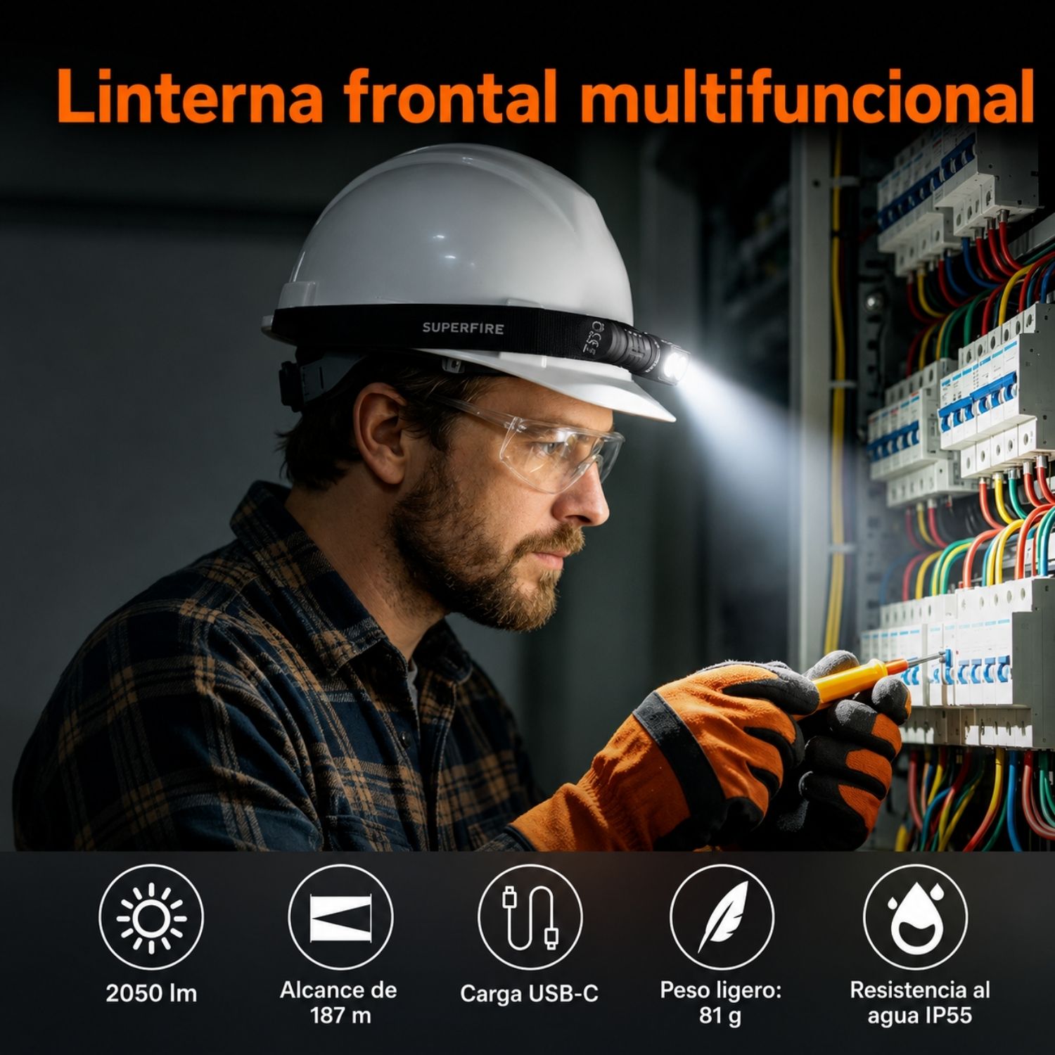 LINTERNA LED FRONTAL 3 EN 1 RECARGABLE CON IMÁN, LUZ SOS, USB-C Y ALCANCE DE 187 METROS - 3