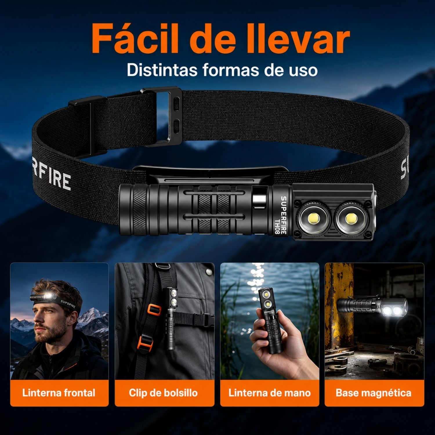 LINTERNA LED FRONTAL 3 EN 1 RECARGABLE CON IMÁN, LUZ SOS, USB-C Y ALCANCE DE 187 METROS - 4
