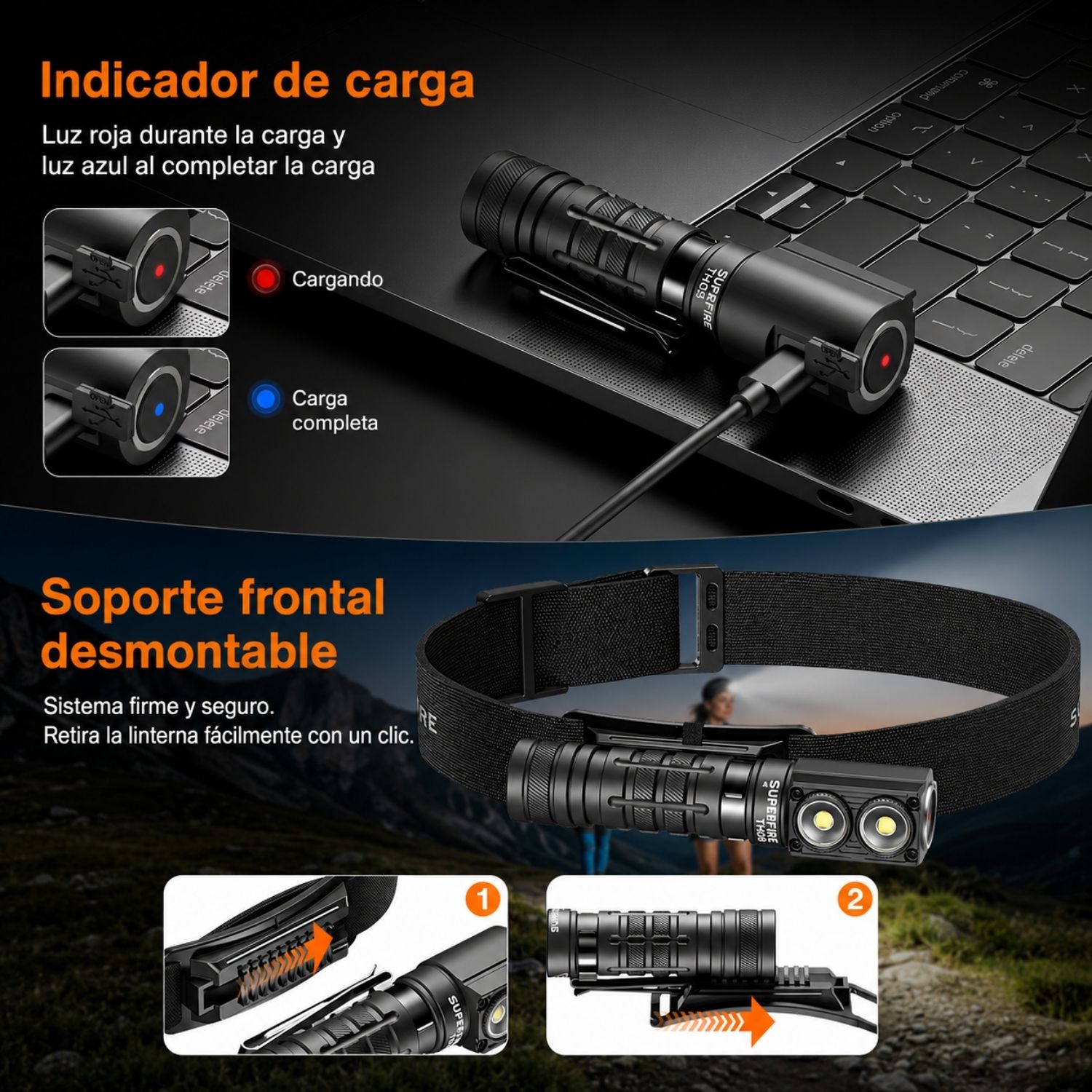 LINTERNA LED FRONTAL 3 EN 1 RECARGABLE CON IMÁN, LUZ SOS, USB-C Y ALCANCE DE 187 METROS - 7