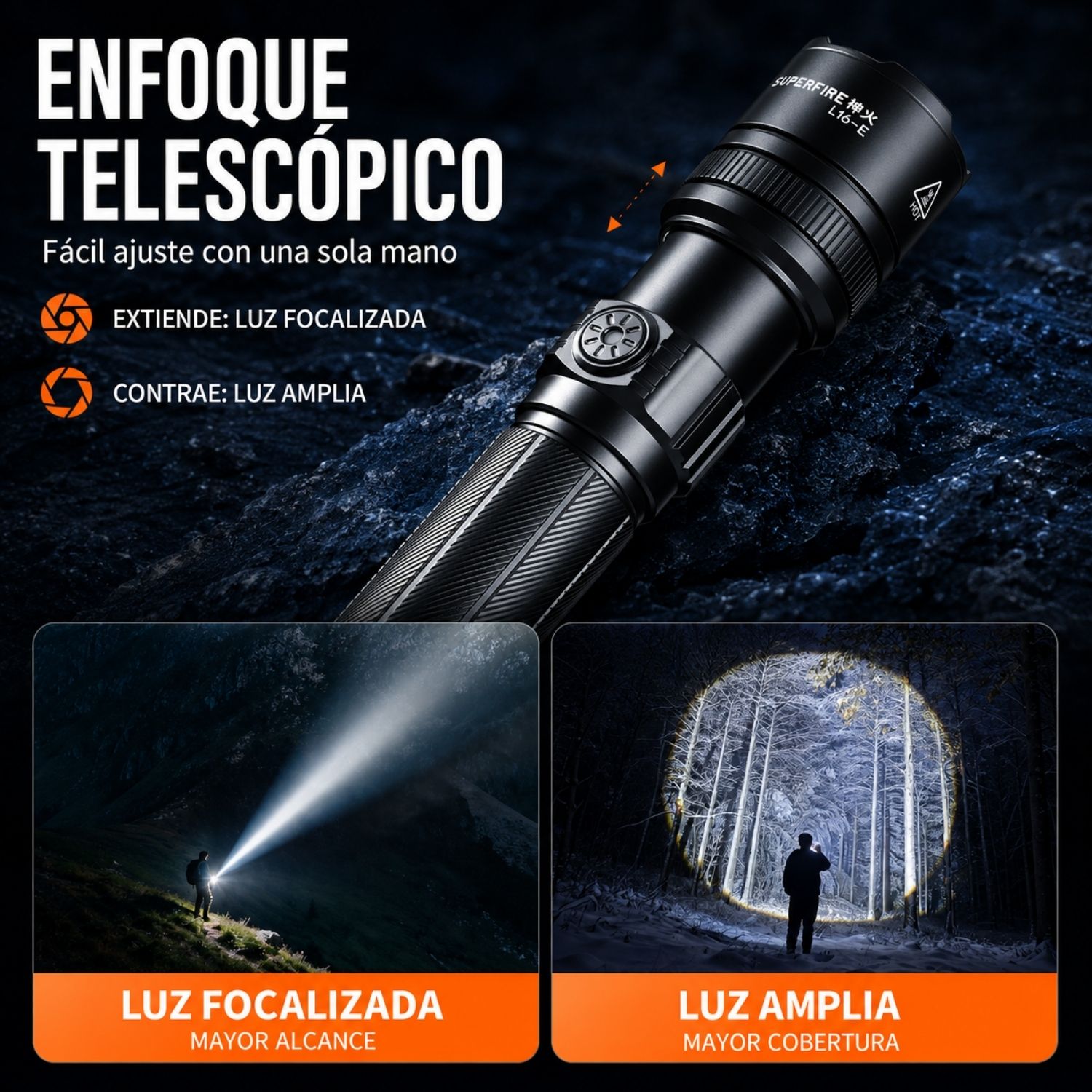 LINTERNA LED RECARGABLE 900 LÚMENES CON ZOOM TELESCÓPICO, USB-C, 5 MODOS Y ALCANCE DE 250 METROS - 2