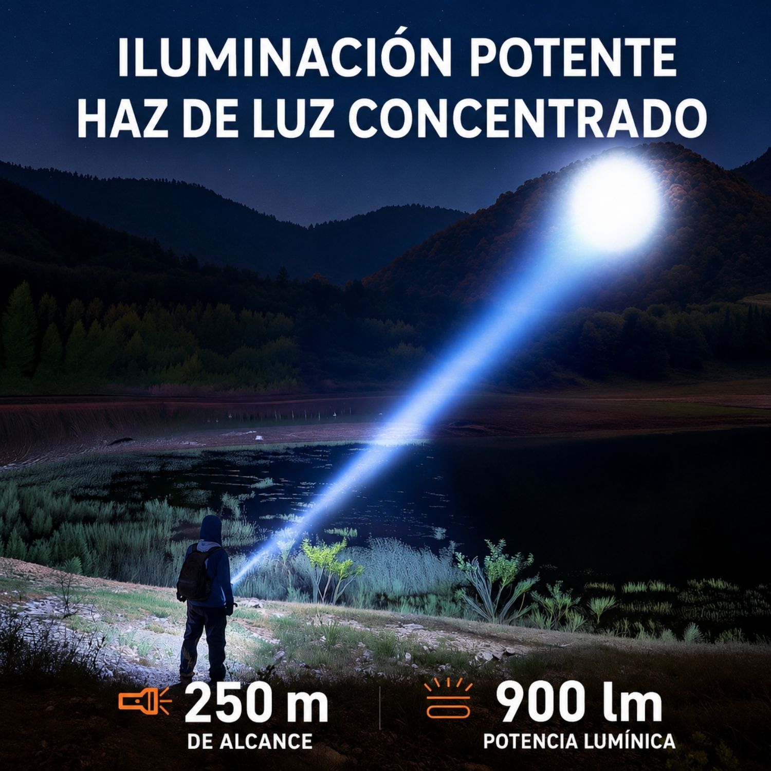 LINTERNA LED RECARGABLE 900 LÚMENES CON ZOOM TELESCÓPICO, USB-C, 5 MODOS Y ALCANCE DE 250 METROS - 3