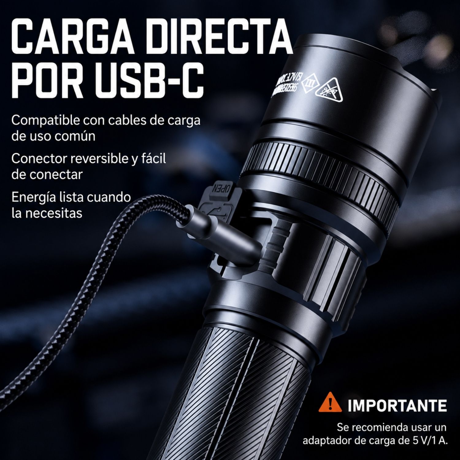 LINTERNA LED RECARGABLE 900 LÚMENES CON ZOOM TELESCÓPICO, USB-C, 5 MODOS Y ALCANCE DE 250 METROS - 5