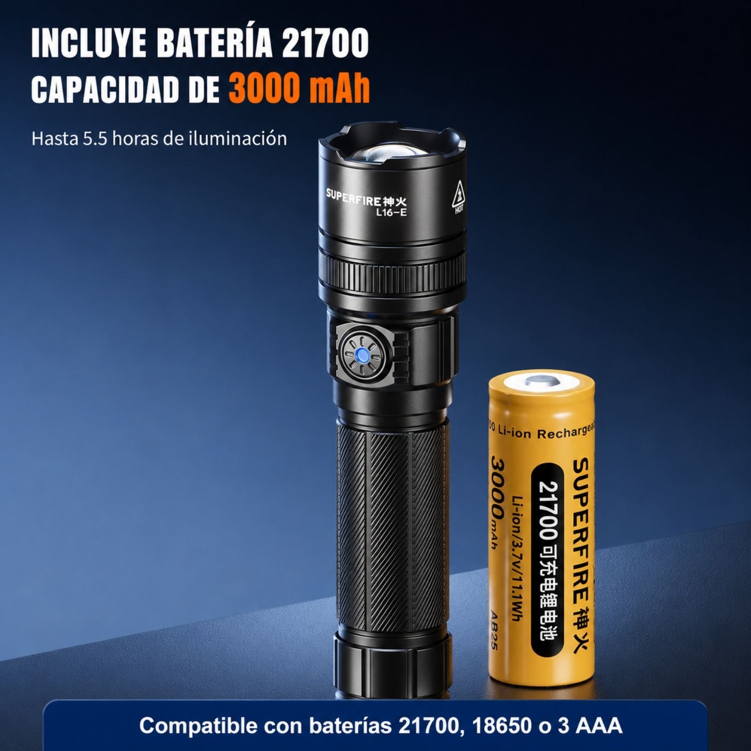 LINTERNA LED RECARGABLE 900 LÚMENES CON ZOOM TELESCÓPICO, USB-C, 5 MODOS Y ALCANCE DE 250 METROS - 6