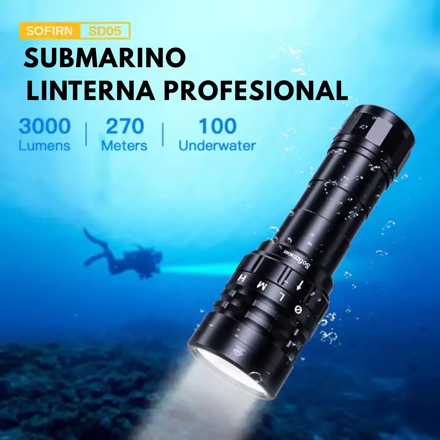 LINTERNA DE BUCEO RECARGABLE 3000 LÚMENES LED IPX8 CON ANILLO MAGNÉTICO SOFIRN - 2