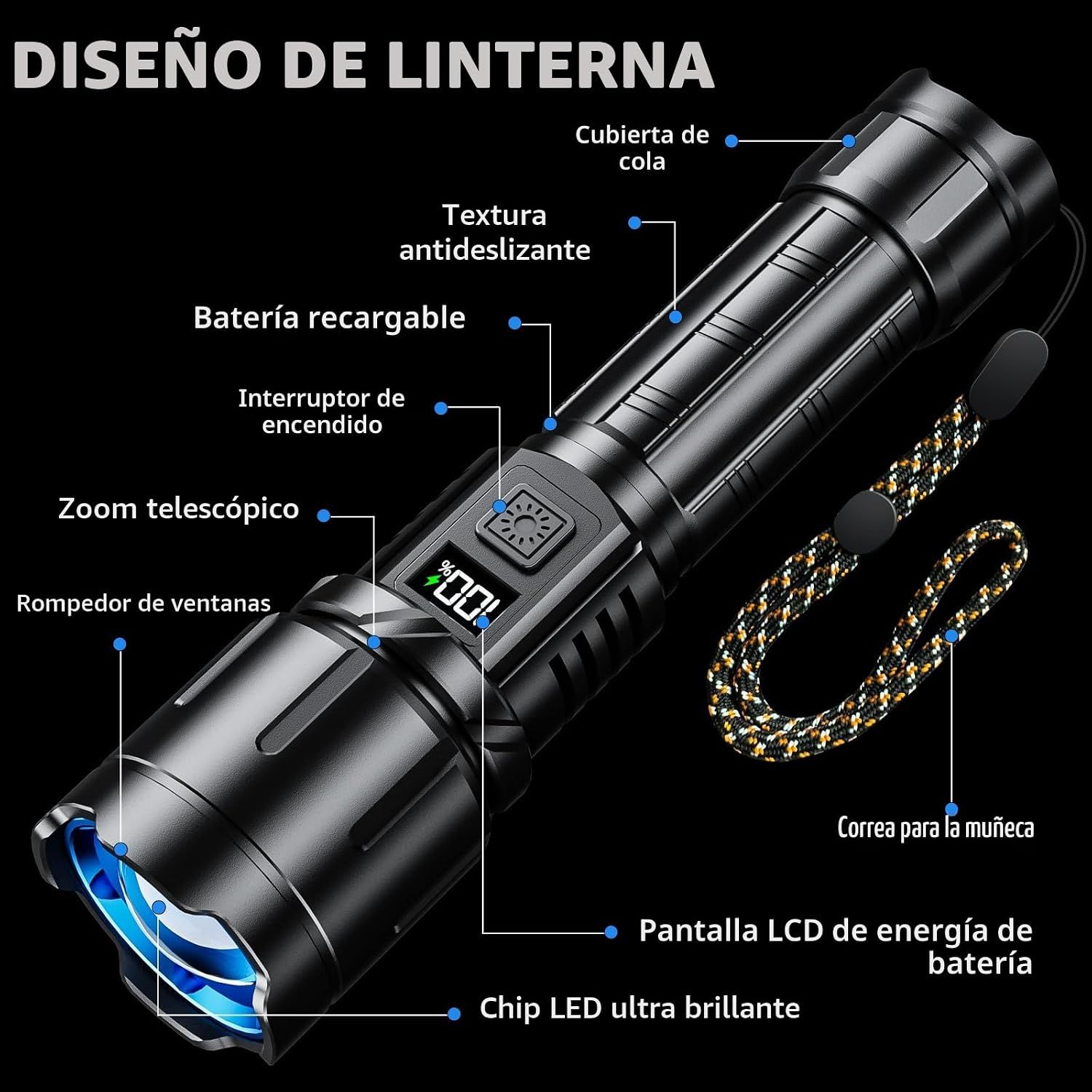 LINTERNA TÁCTICA RECARGABLE ZOOM USB-C PANTALLA DIGITAL - 2
