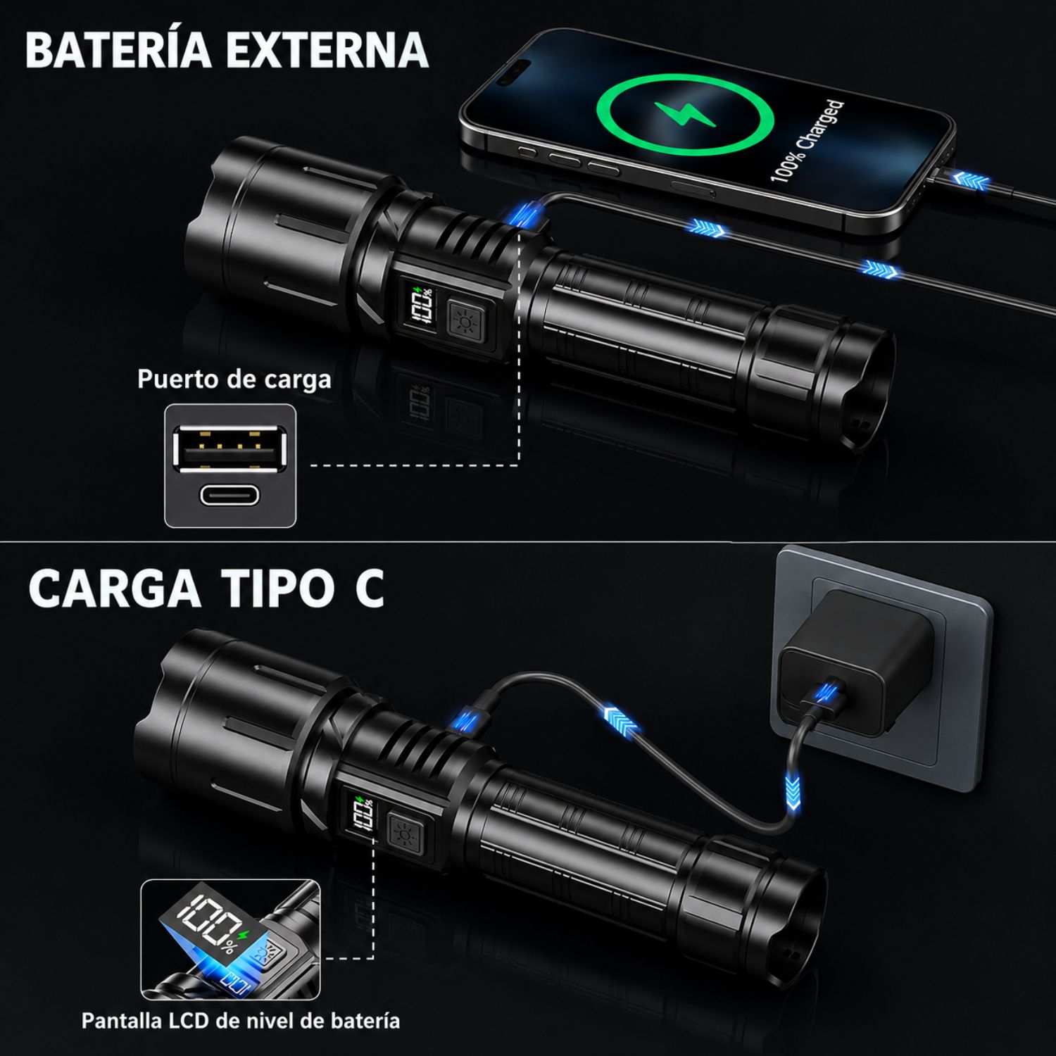 LINTERNA TÁCTICA RECARGABLE ZOOM USB-C PANTALLA DIGITAL - 6
