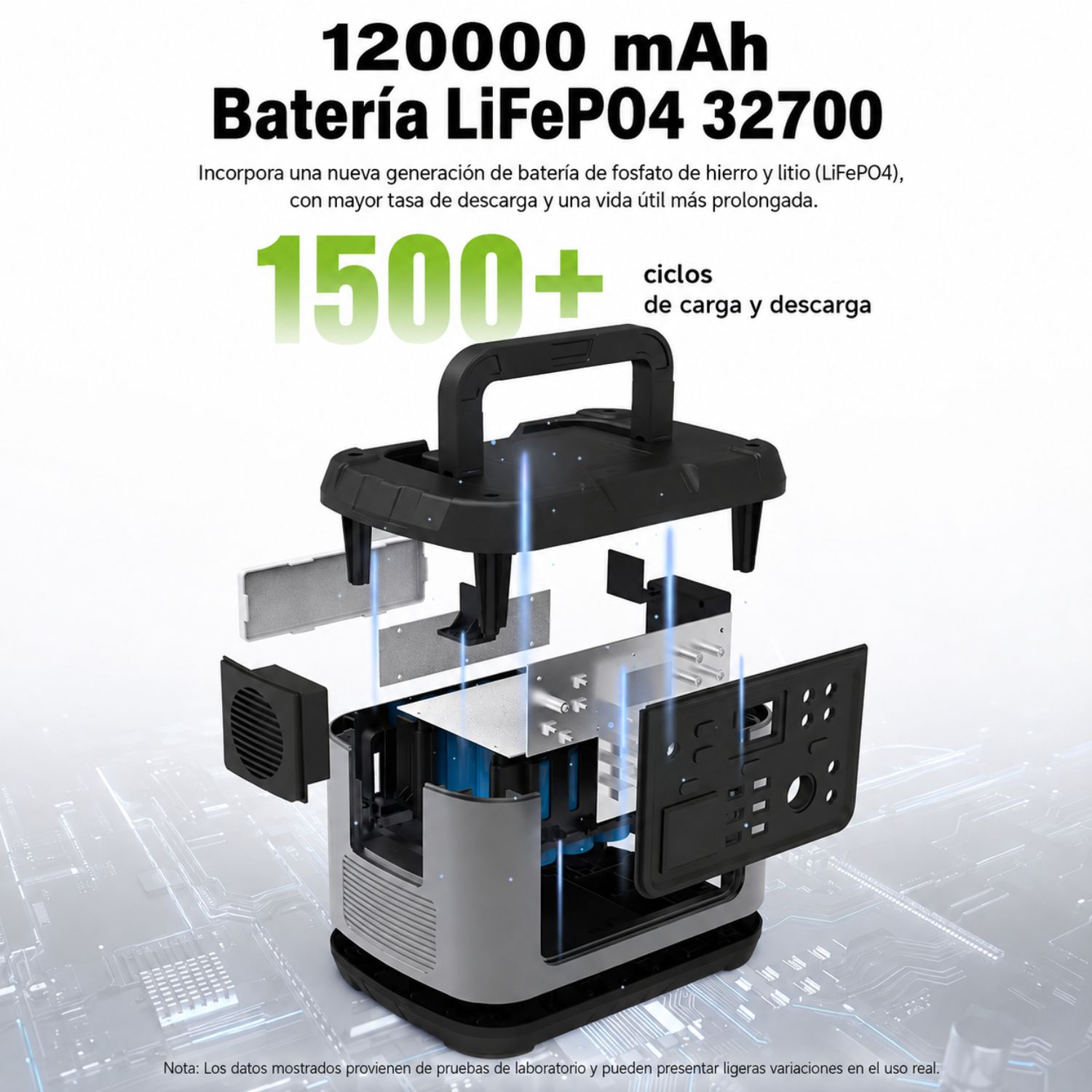 ESTACIÓN DE ENERGÍA PORTÁTIL 500W LIFEPO4 120000MAH CON PANEL SOLAR 60W, MPPT, 220V Y LUZ LED 15W - 3