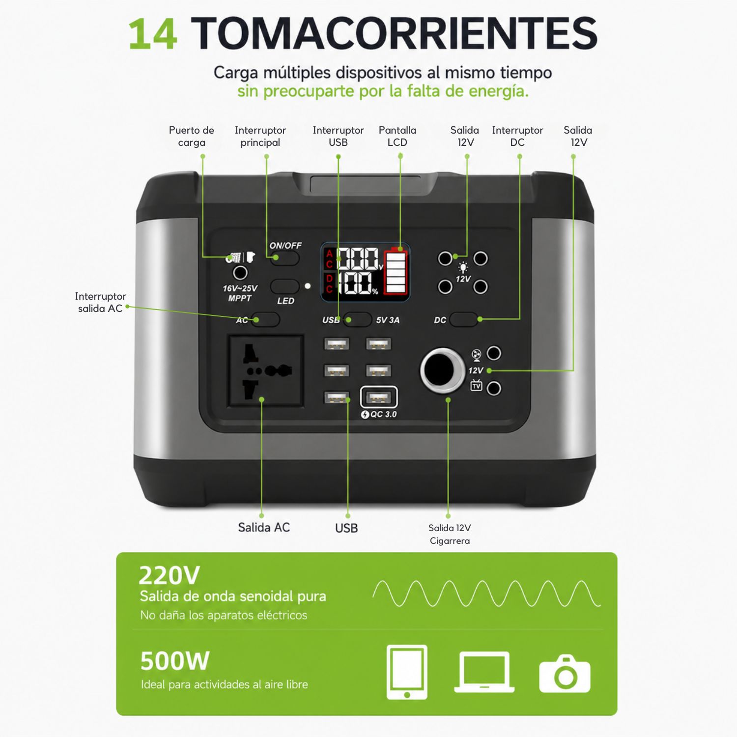 ESTACIÓN DE ENERGÍA PORTÁTIL 500W LIFEPO4 120000MAH CON PANEL SOLAR 60W, MPPT, 220V Y LUZ LED 15W - 4
