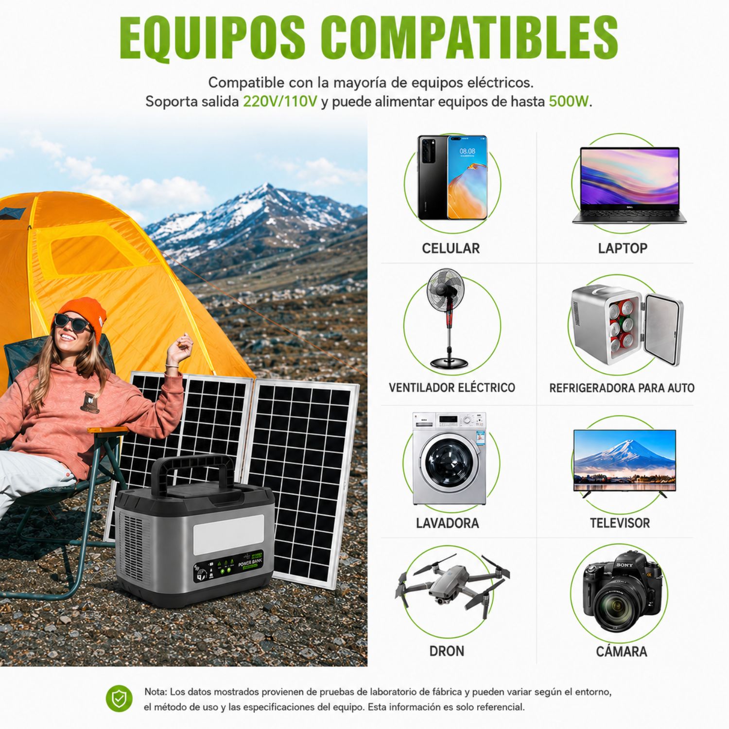 ESTACIÓN DE ENERGÍA PORTÁTIL 500W LIFEPO4 120000MAH CON PANEL SOLAR 60W, MPPT, 220V Y LUZ LED 15W - 5