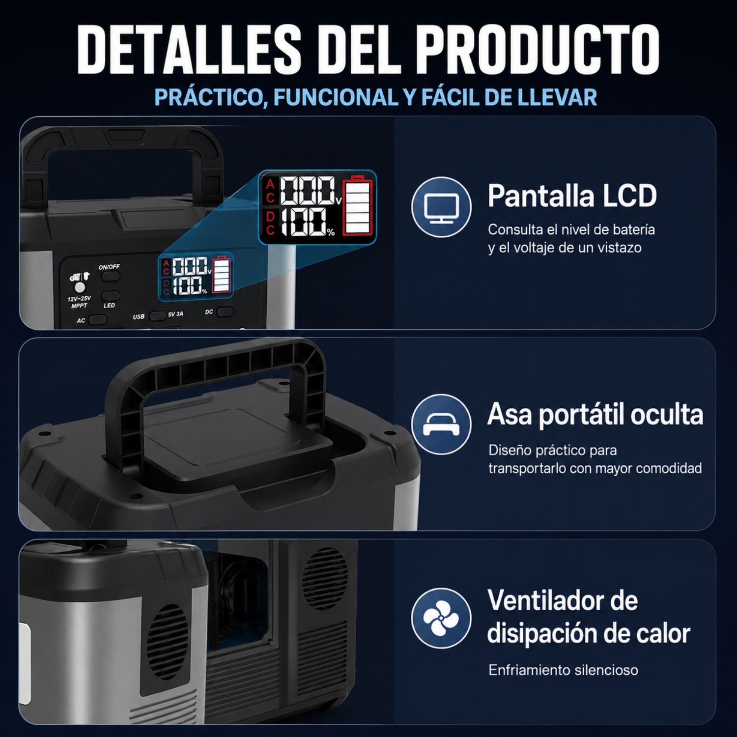 ESTACIÓN DE ENERGÍA PORTÁTIL 500W LIFEPO4 120000MAH CON PANEL SOLAR 60W, MPPT, 220V Y LUZ LED 15W - 6