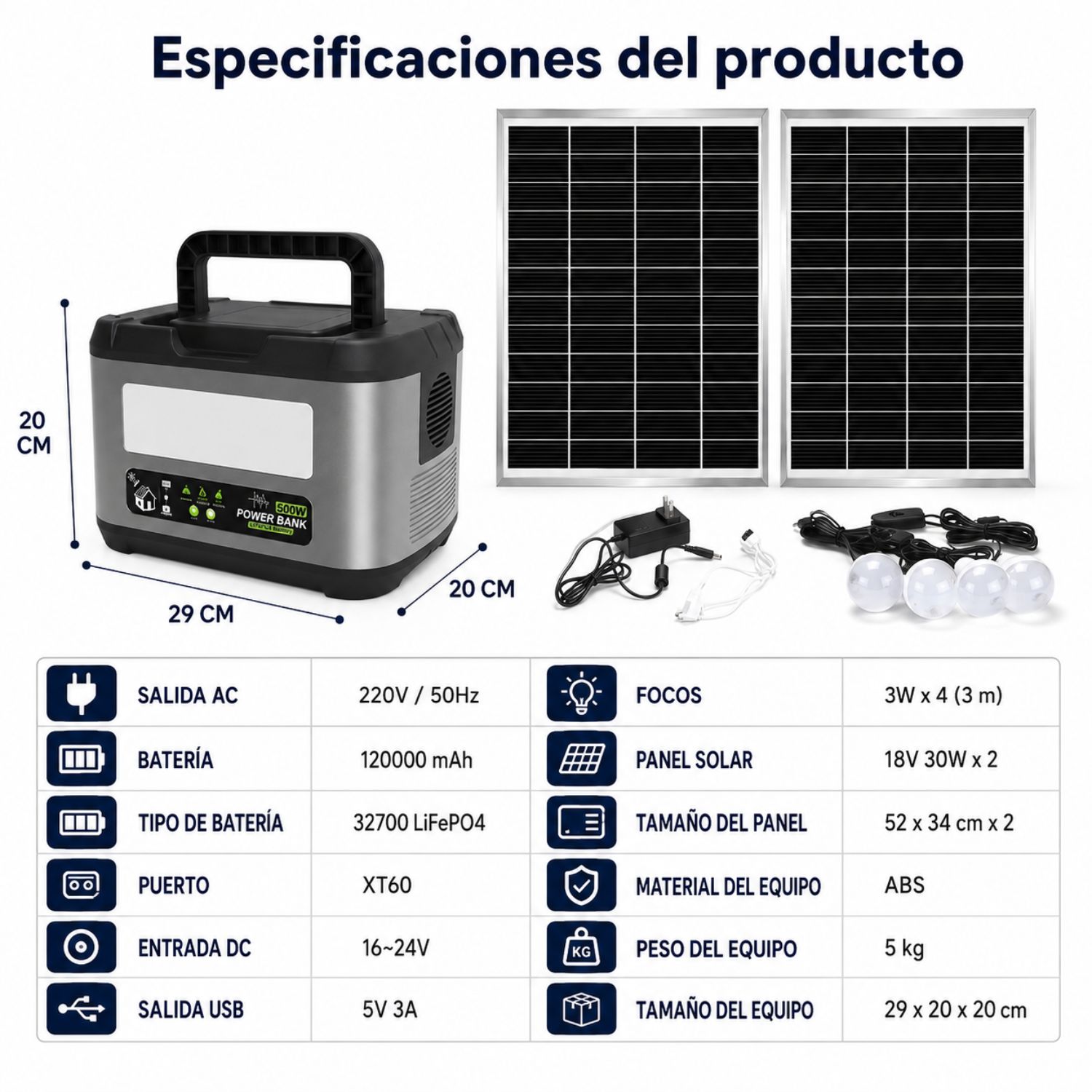 ESTACIÓN DE ENERGÍA PORTÁTIL 500W LIFEPO4 120000MAH CON PANEL SOLAR 60W, MPPT, 220V Y LUZ LED 15W - 7