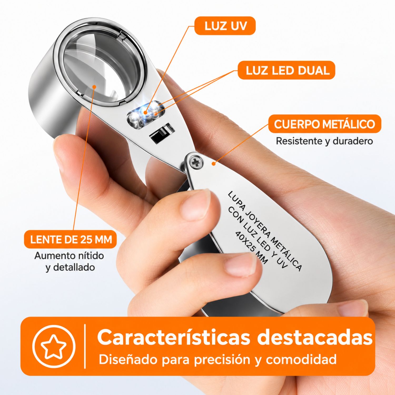 LUPA METÁLICA 40X 25MM CON LUZ LED GEÓLOGO JOYERO LUZ MINERÍA - 3